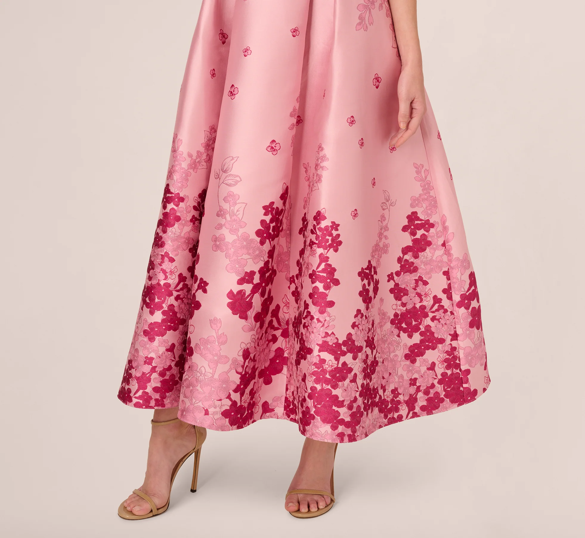 Floral Jacquard Ankle Length Dress With Off The Shoulder Neckline In Pink Multi - Image 5
