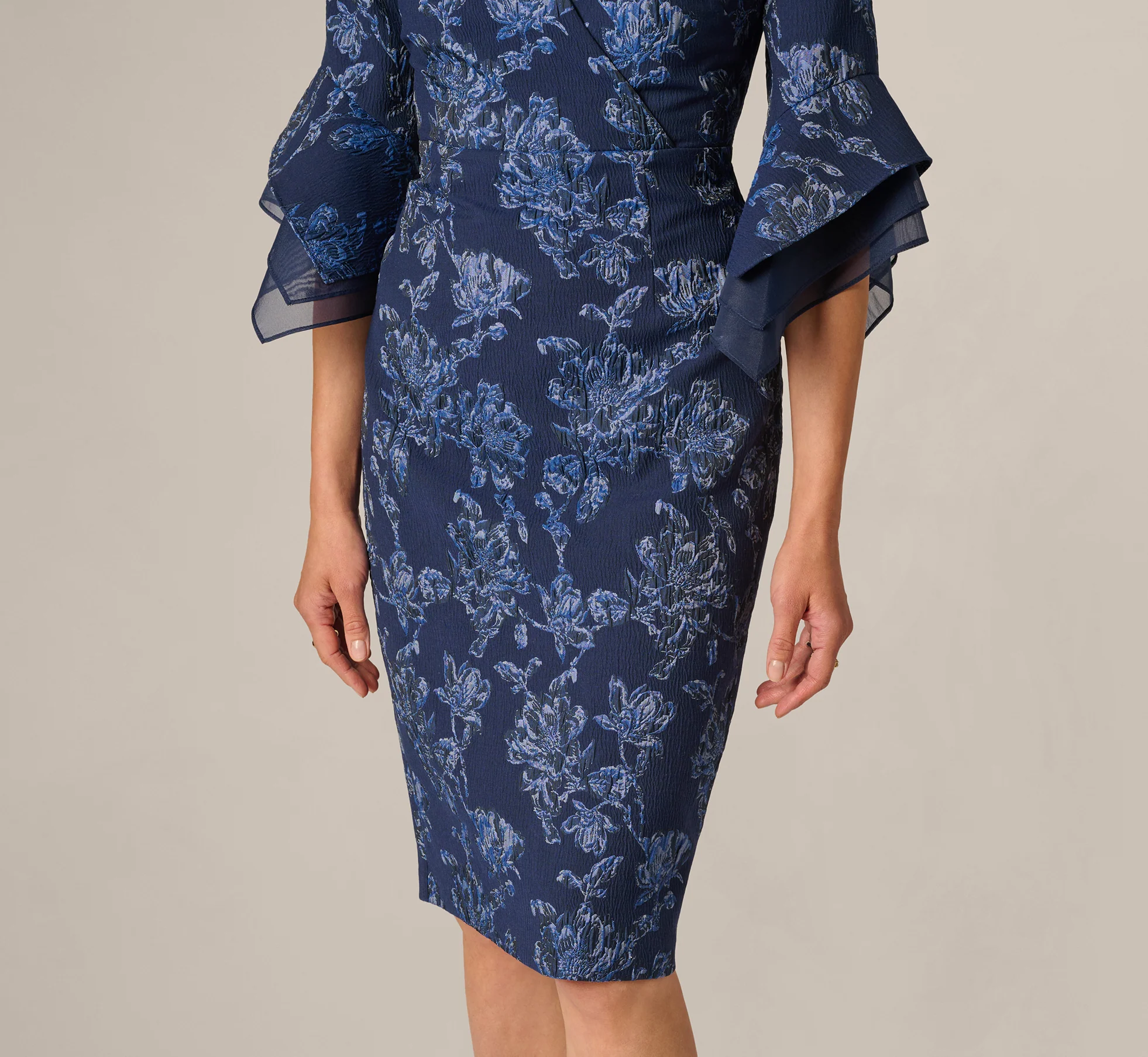 Floral Jacquard Bell Sleeve Sheath Dress In Navy Sateen - Image 4