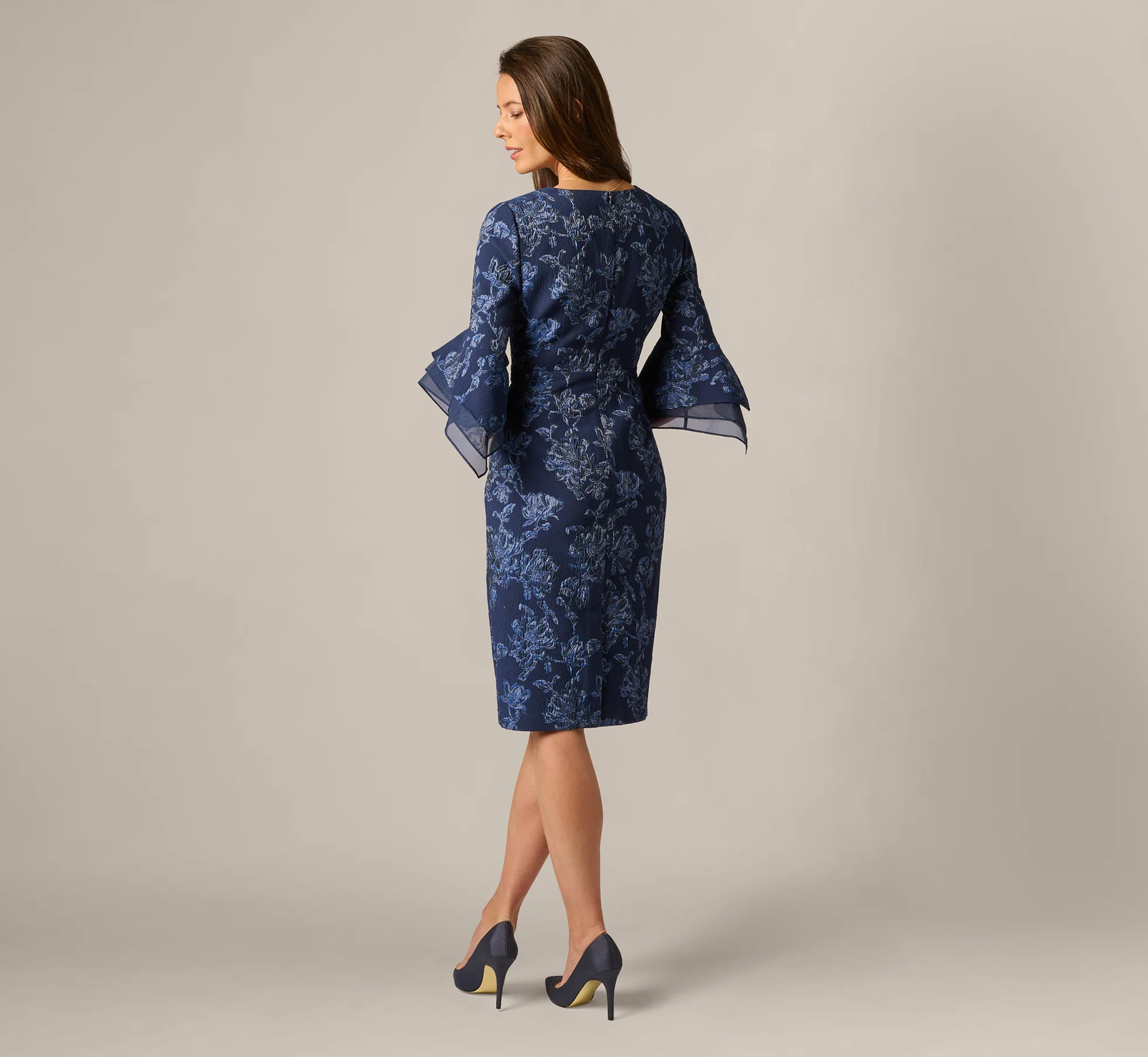 Floral Jacquard Bell Sleeve Sheath Dress In Navy Sateen - Image 5