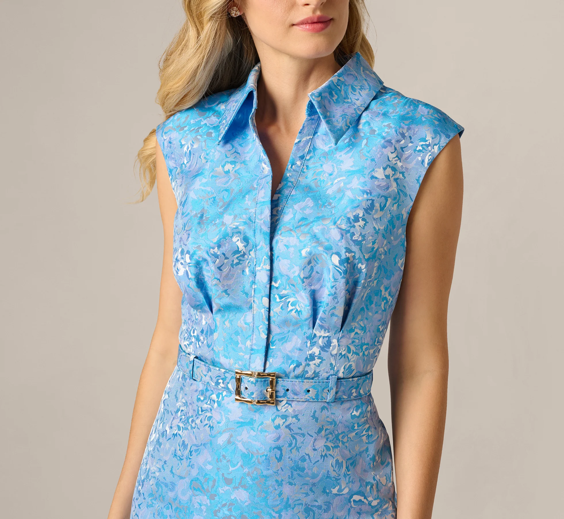 Floral Jacquard Collared Sheath Dress In Blue Multi - Image 4