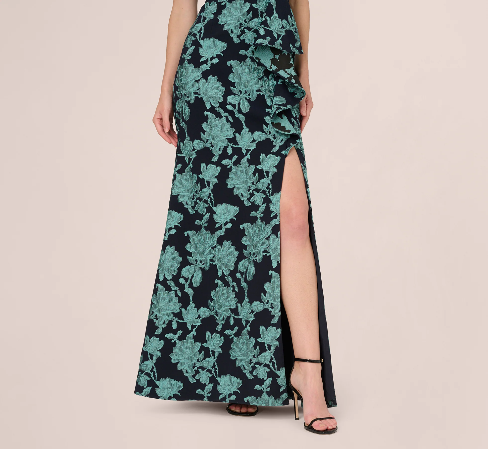 Floral Jacquard Shawl Collar Gown In Navy Multi - Image 5