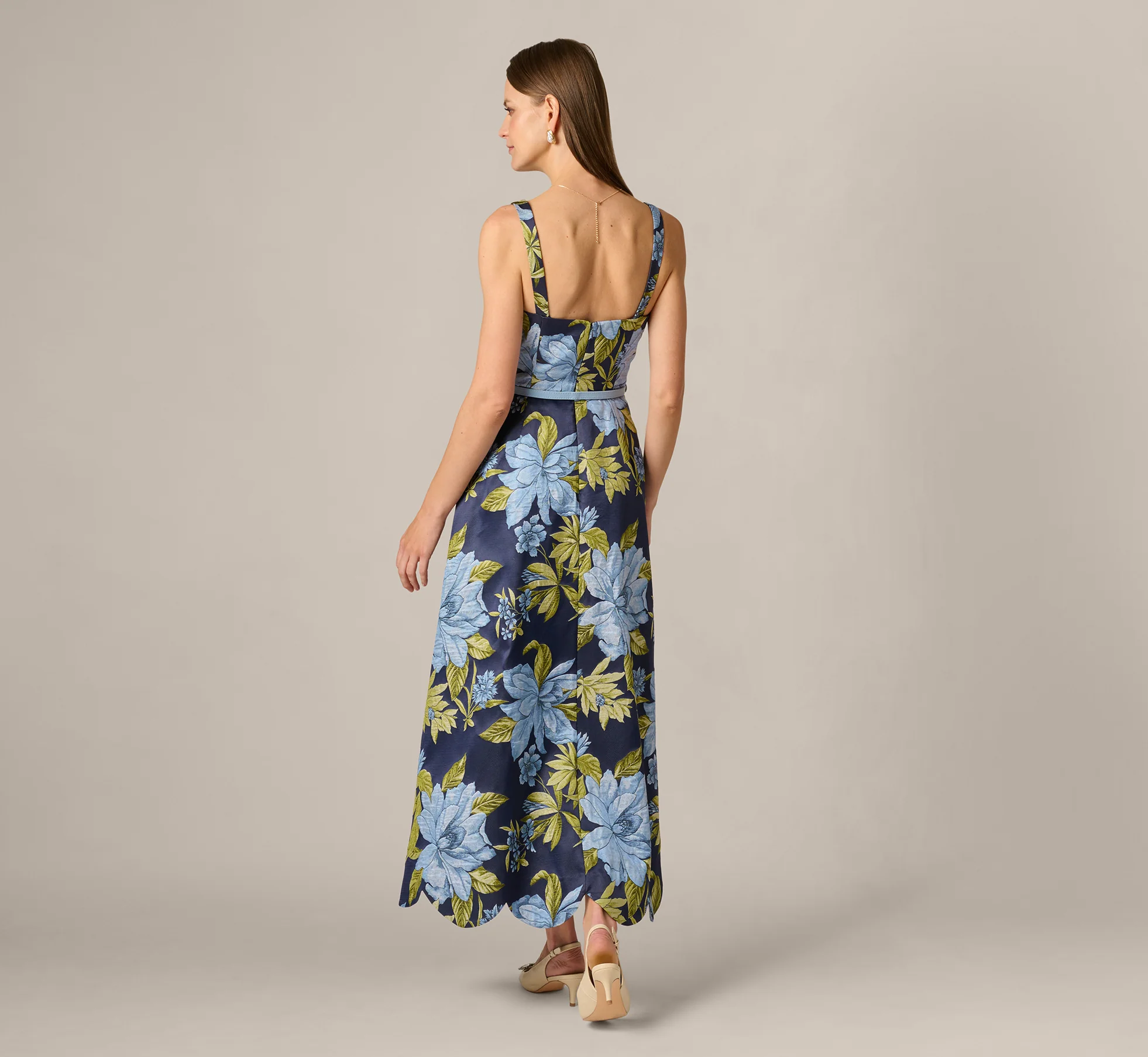 Floral Jacquard Sweetheart Scalloped Ankle Dress In Blue Multi - Image 6