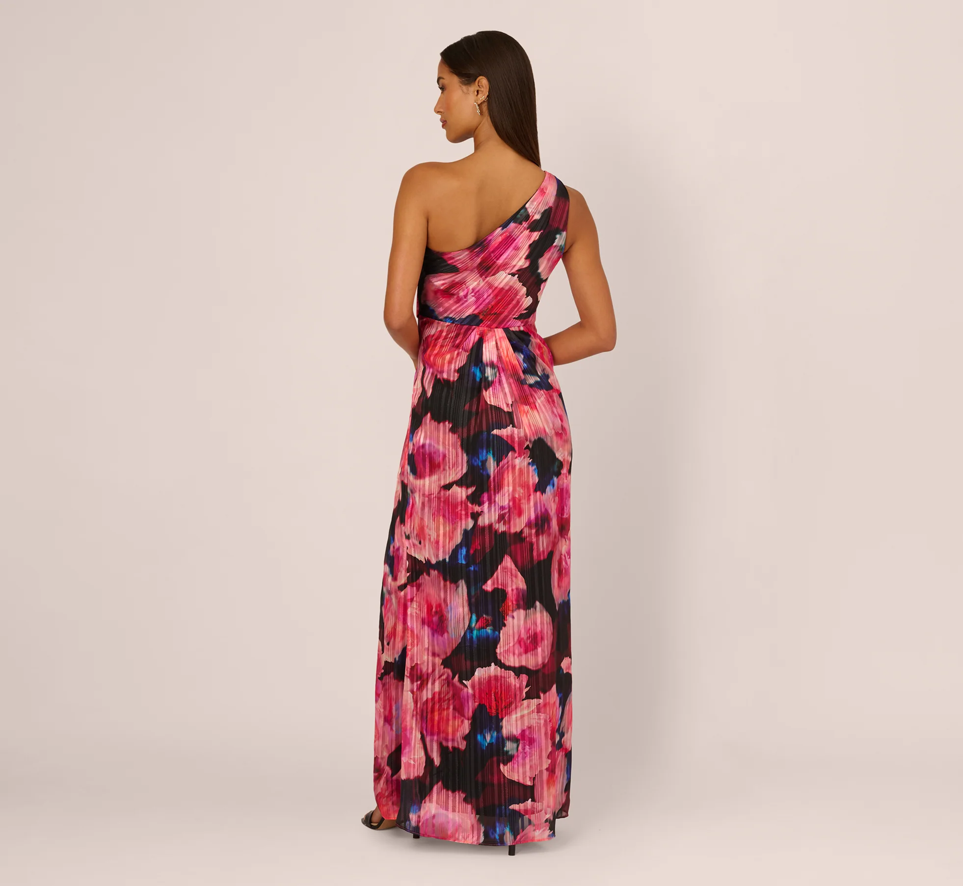 Floral Print Chiffon Gown With One Shoulder Neckline In Black Berry - Image 5