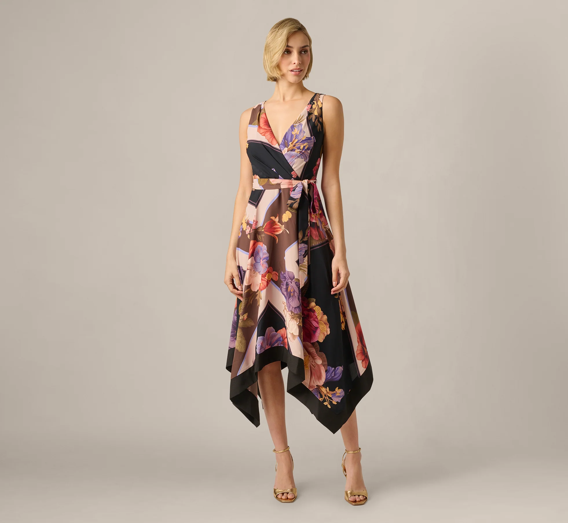 Floral Print Handkerchief Midi Dress In Black Multi - Image 2