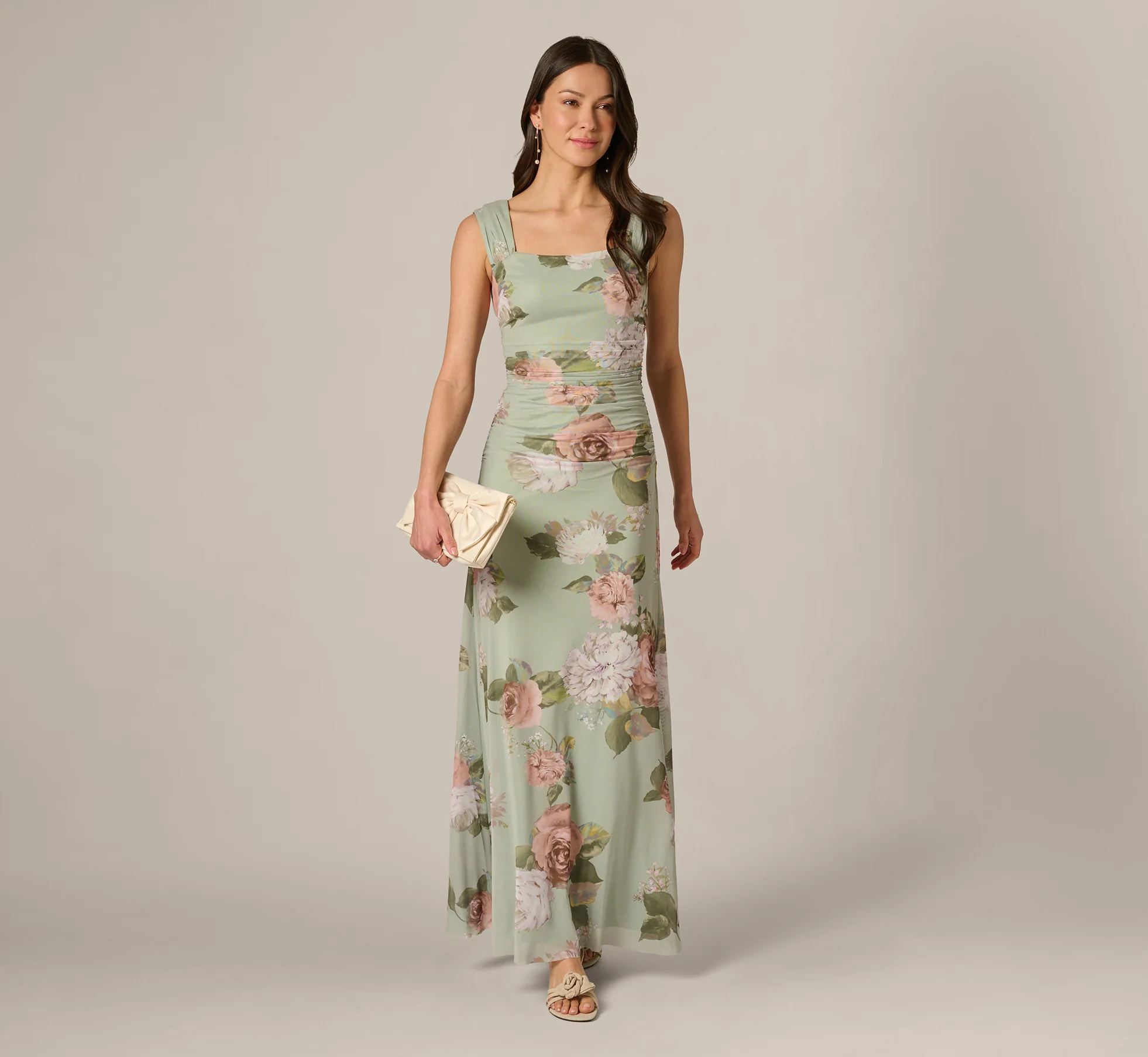 Floral Print Stretch Mesh Ruched Gown In Sage Multi - Image 2
