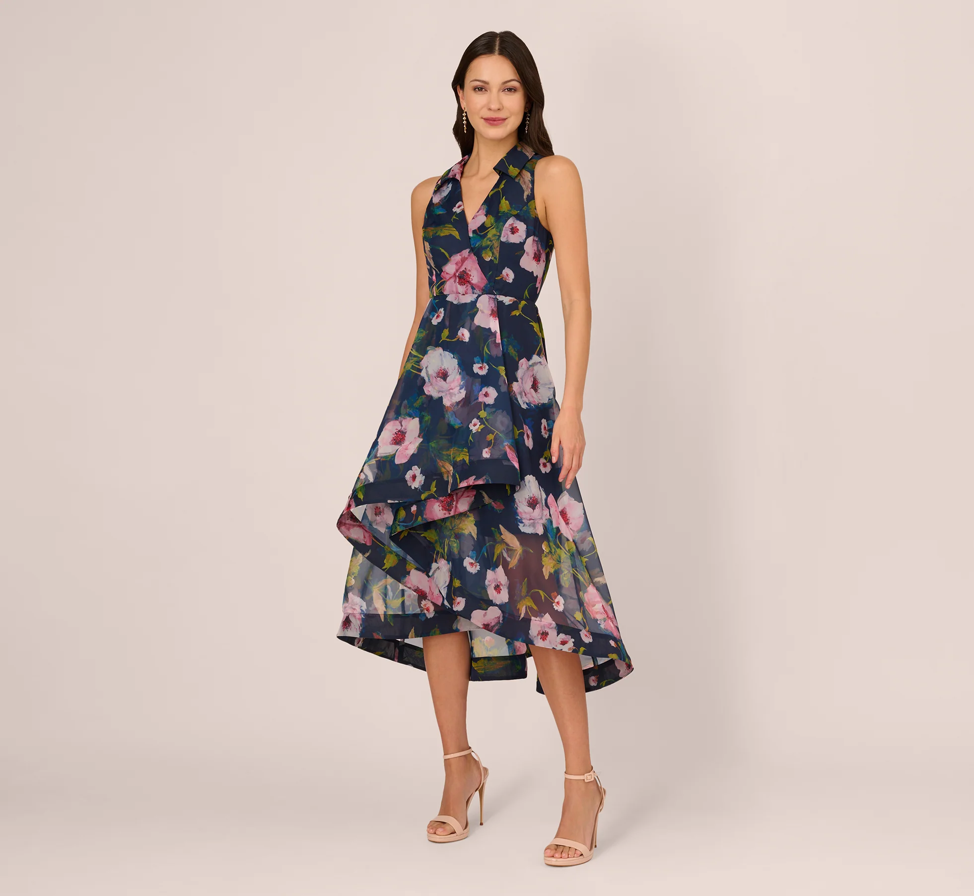Floral Printed High Low Organza Halter Dress In Navy Multi - Image 2