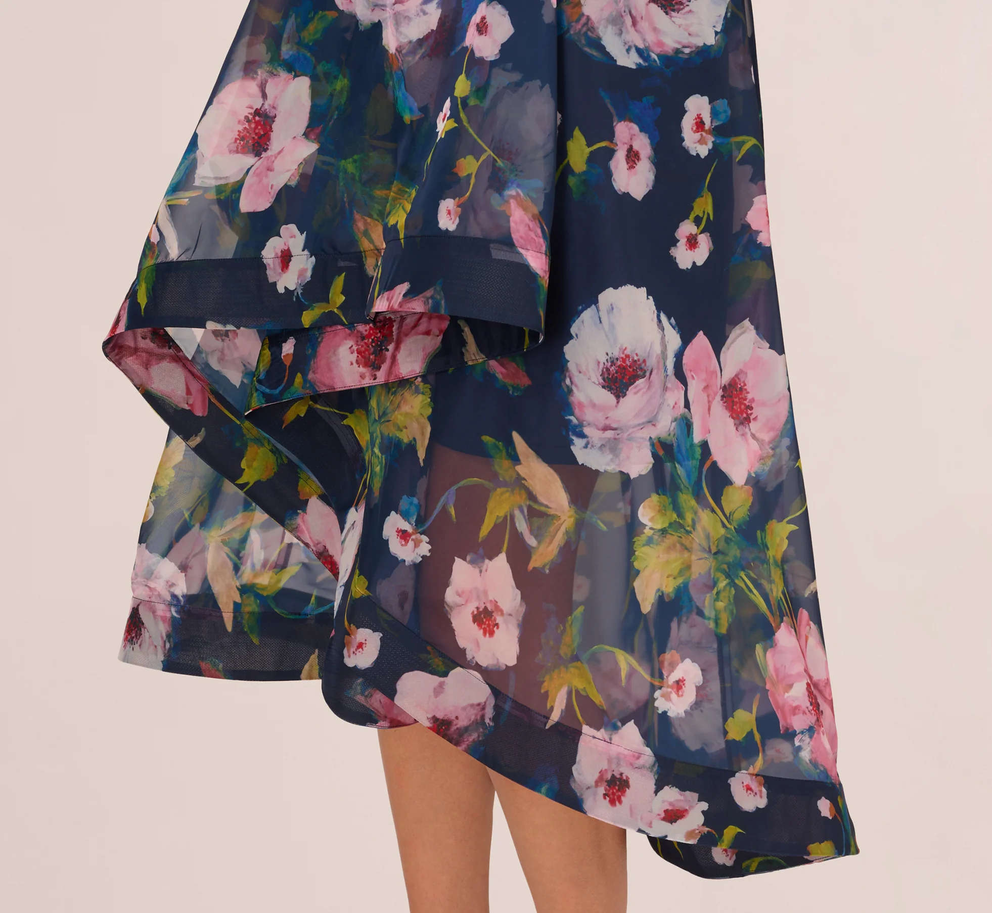 Floral Printed High Low Organza Halter Dress In Navy Multi - Image 4