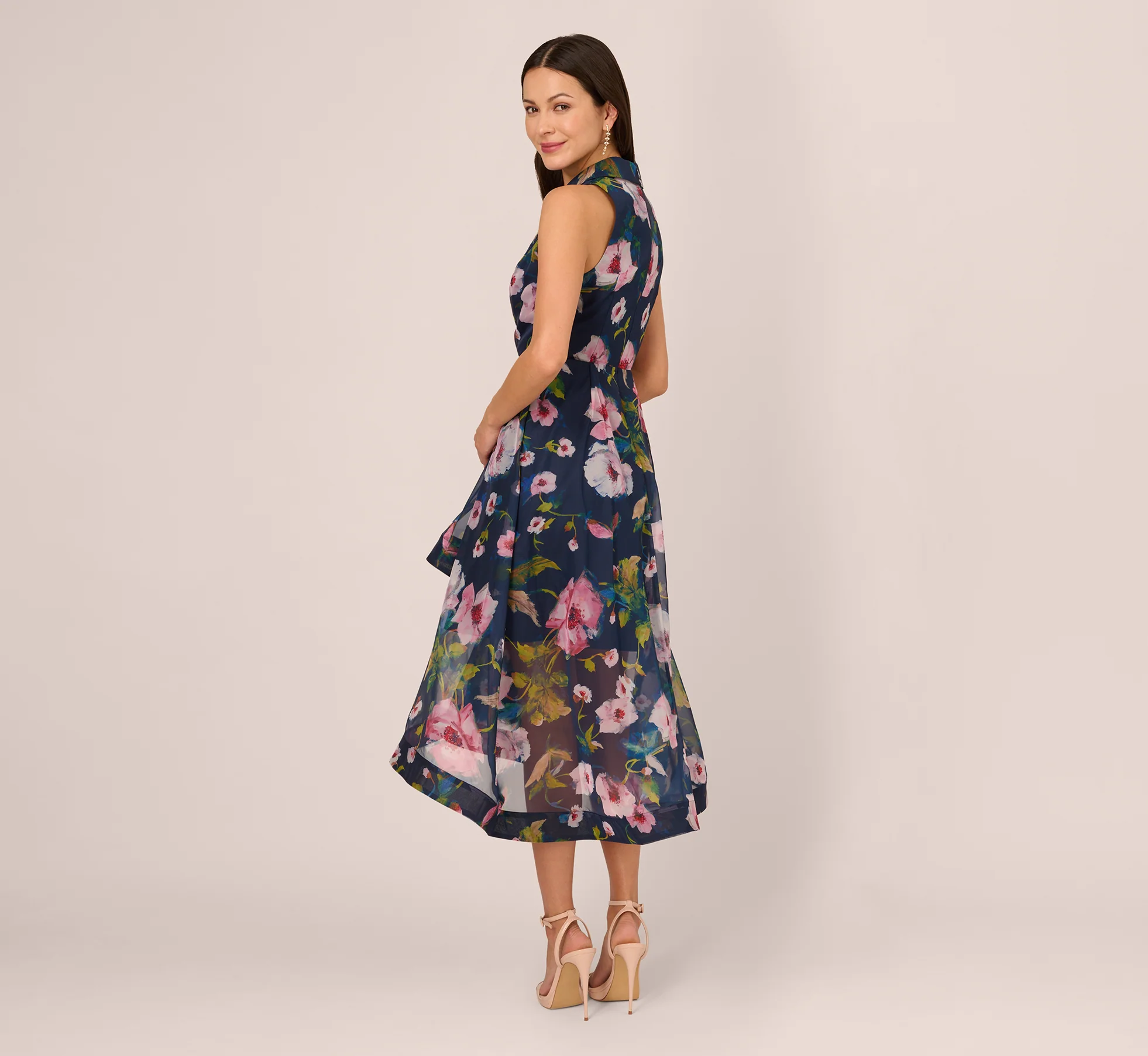 Floral Printed High Low Organza Halter Dress In Navy Multi - Image 5