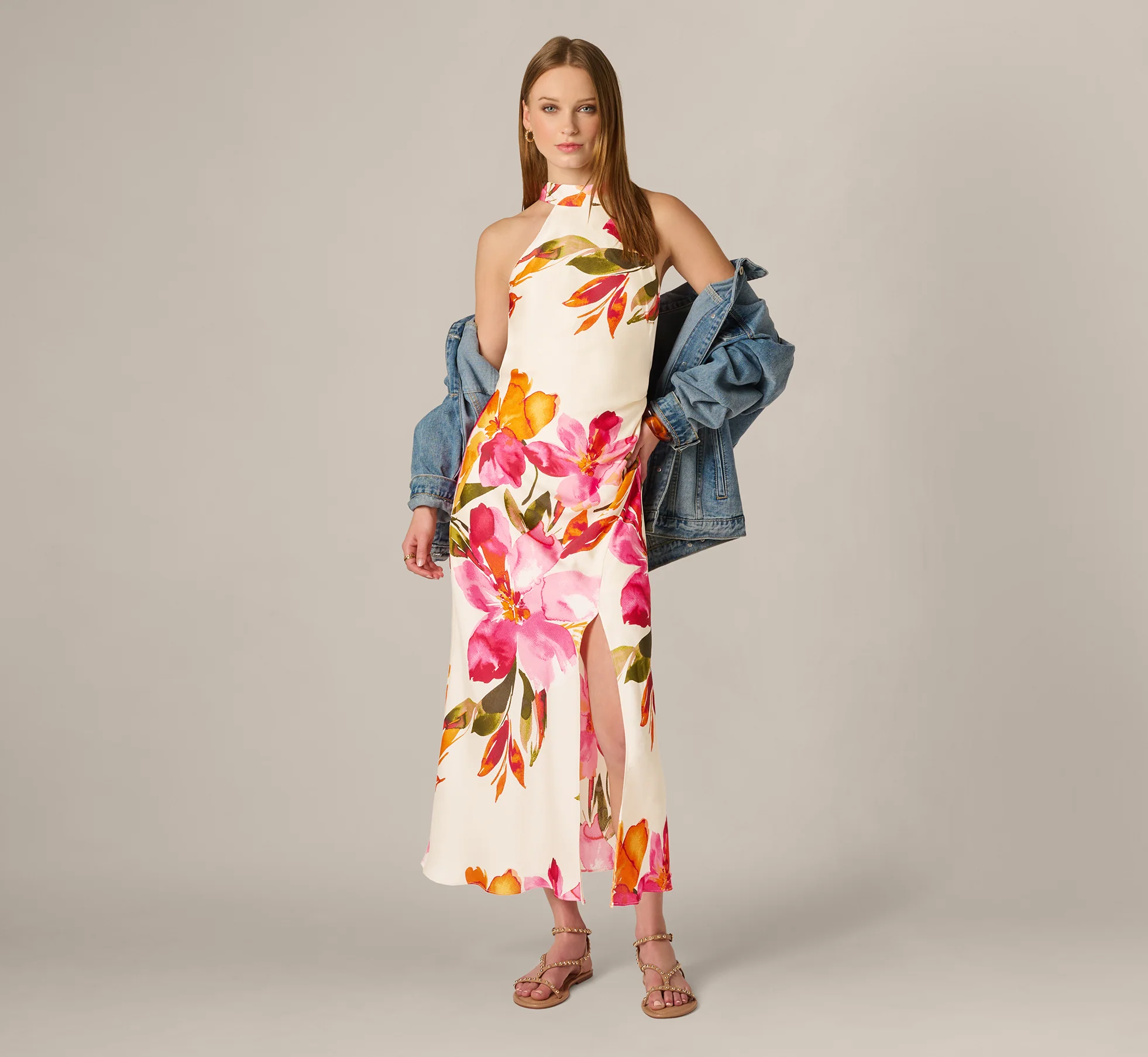 Floral Printed Satin Midi Halter Dress In Champagne Multi - Image 2