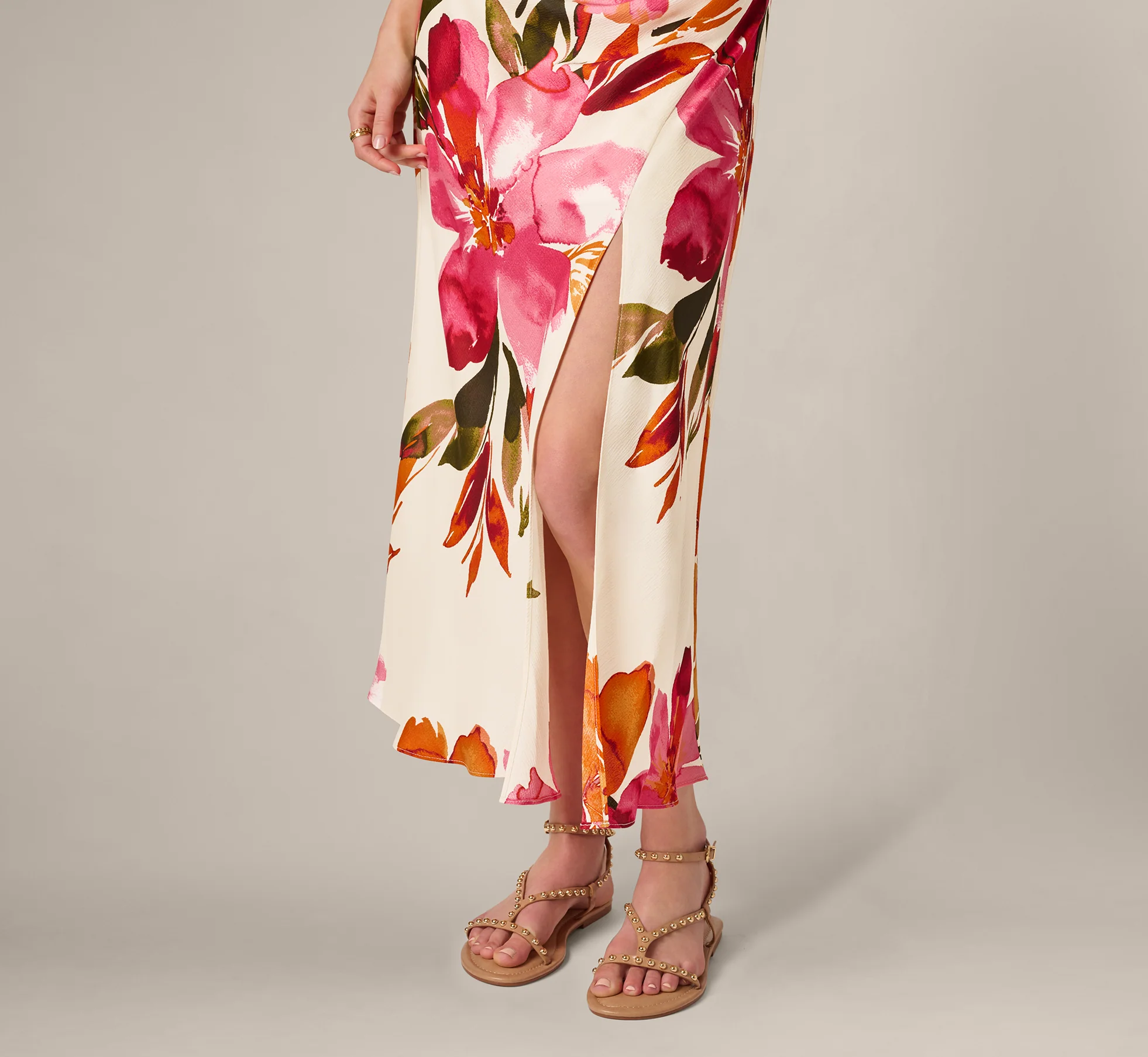 Floral Printed Satin Midi Halter Dress In Champagne Multi - Image 5