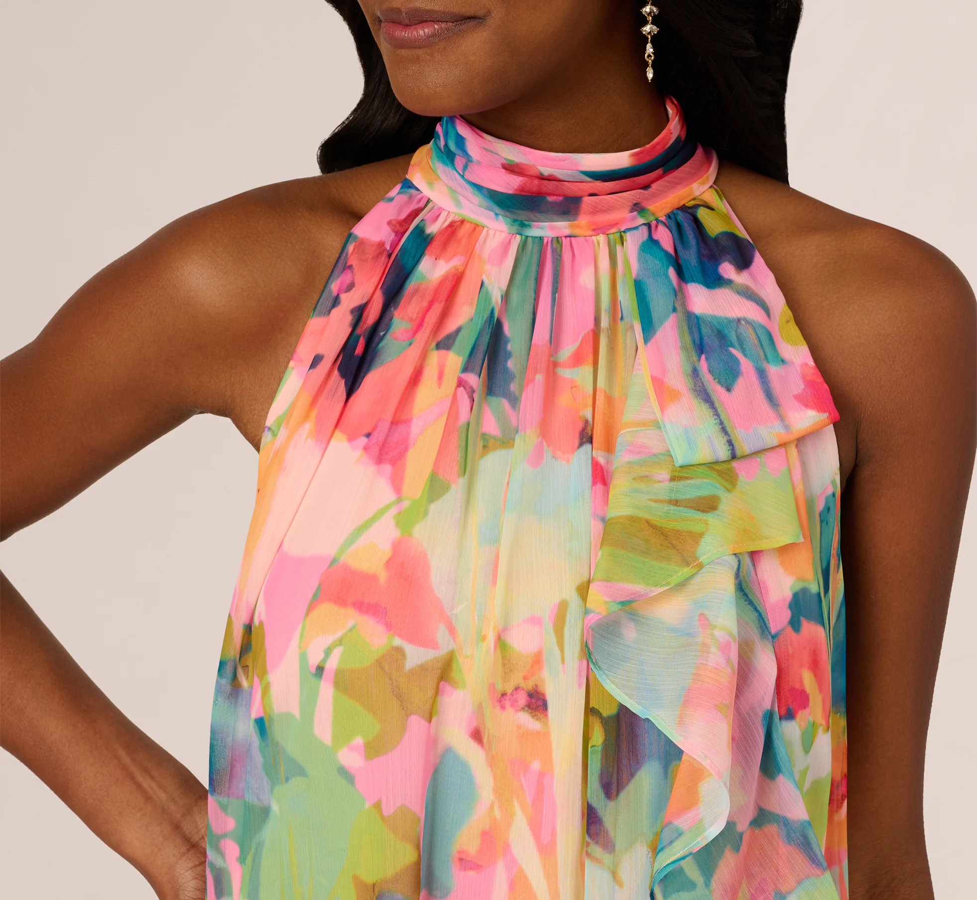 Floral Ruffle Chiffon Halter Trapeze Dress In Pink Multi - Image 4