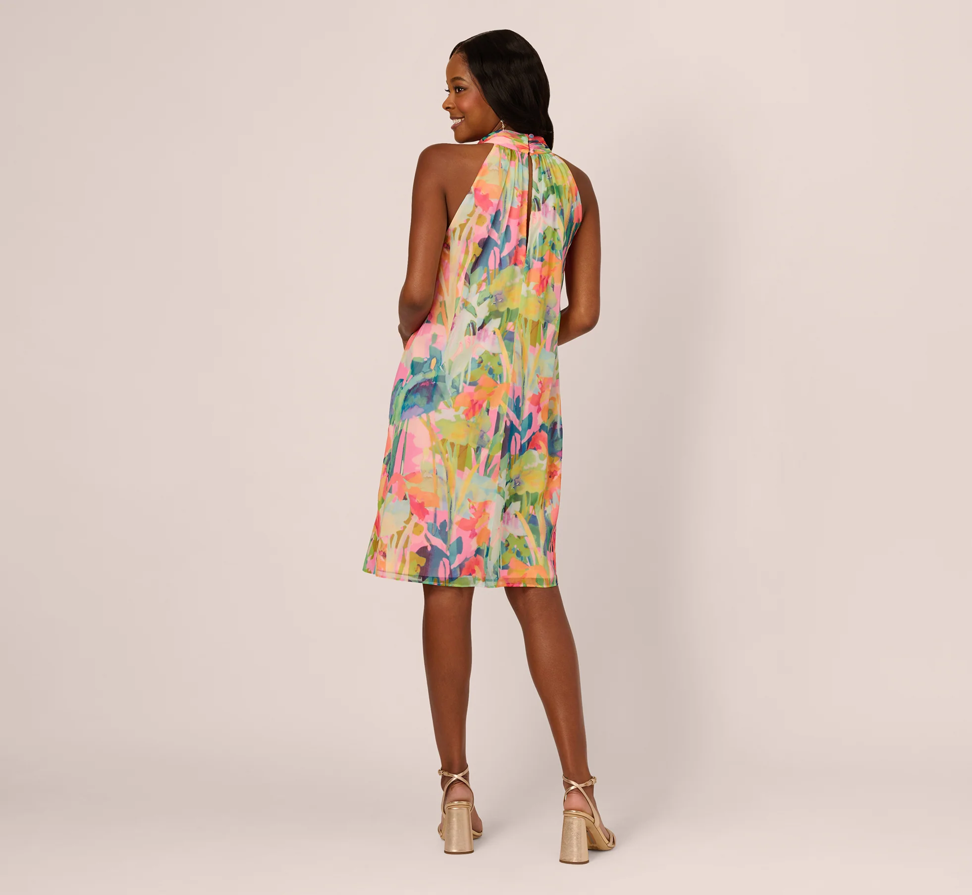 Floral Ruffle Chiffon Halter Trapeze Dress In Pink Multi - Image 5