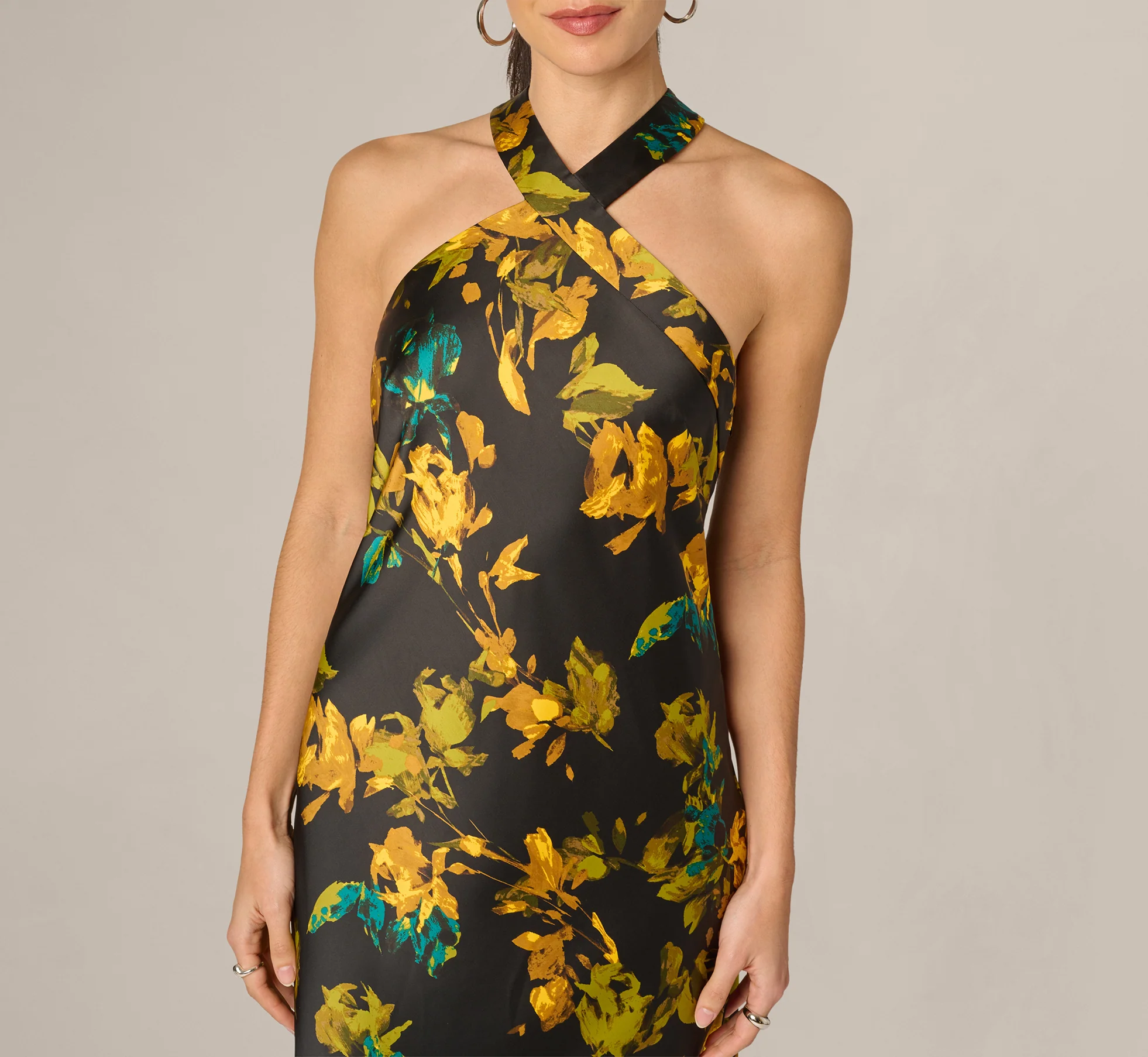 Floral Stretch Satin Scarf Halter Gown In Black Multi - Image 3
