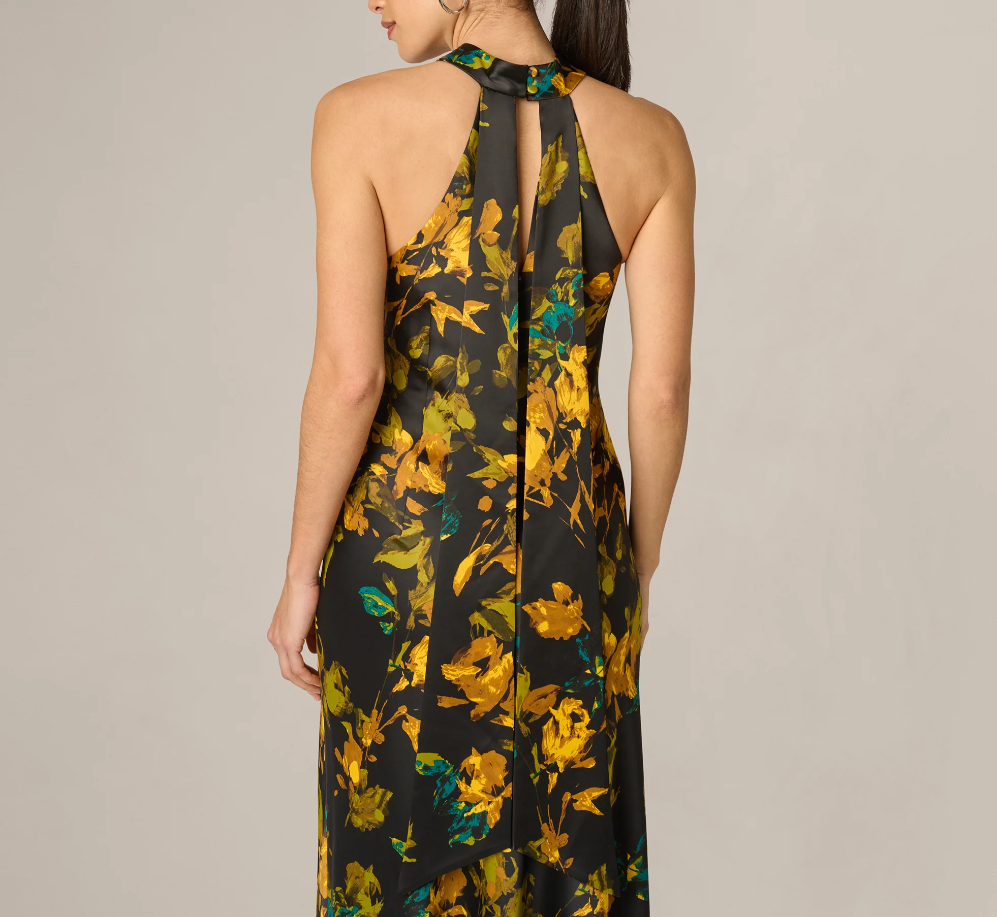 Floral Stretch Satin Scarf Halter Gown In Black Multi - Image 4