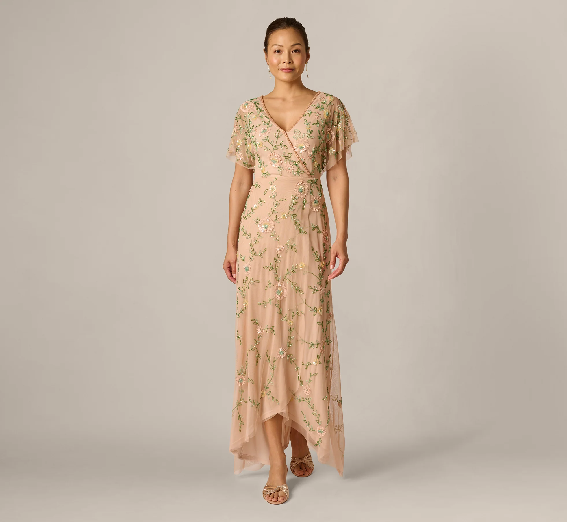 Flutter Sleeve Beaded Wrap Dress In Blush Multi - Image 2