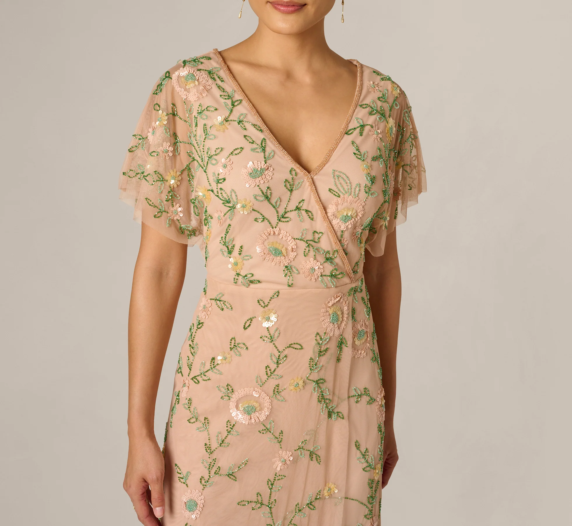 Flutter Sleeve Beaded Wrap Dress In Blush Multi - Image 3