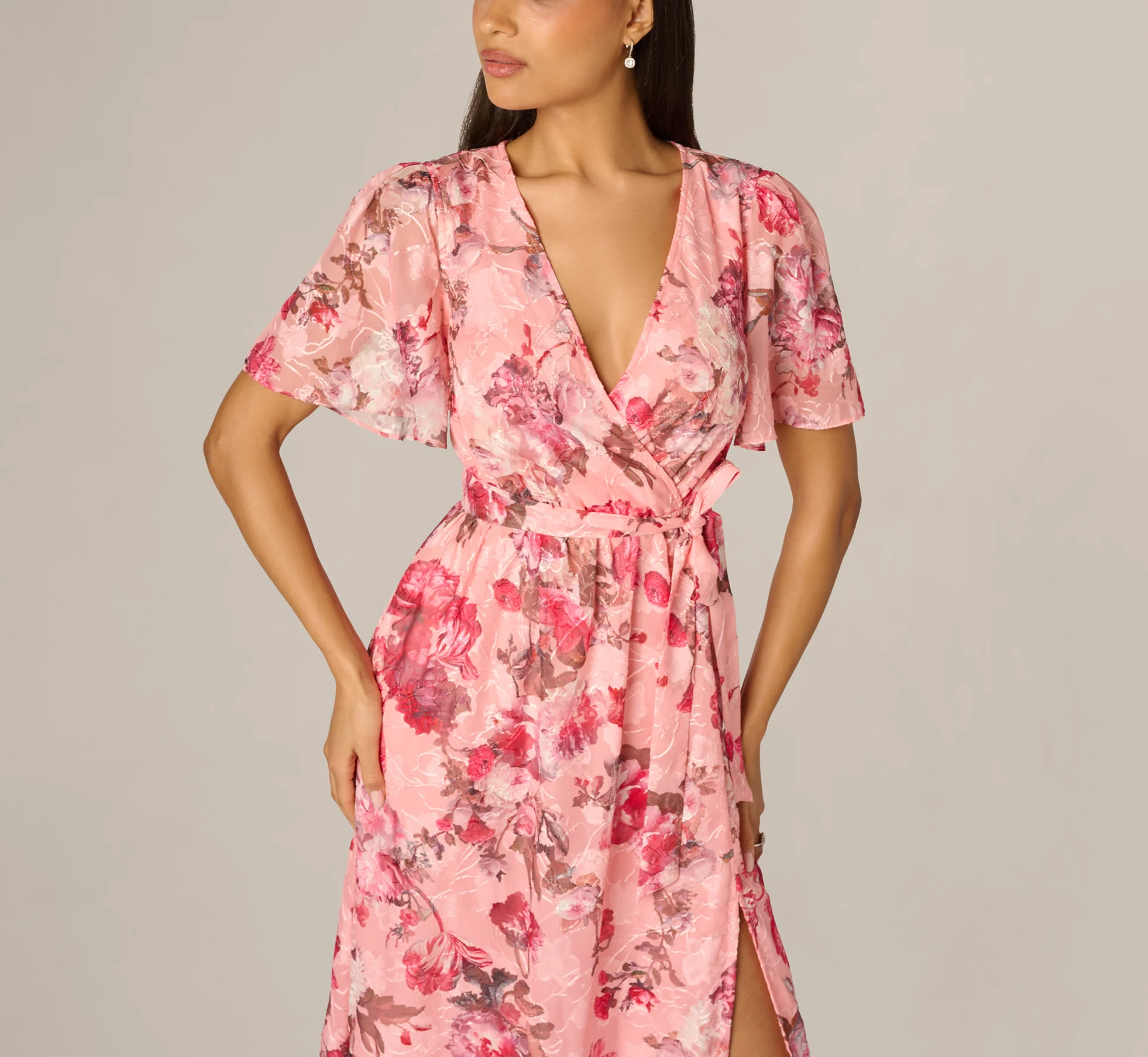 Flutter Sleeve Floral Print Embroidered Wrap Maxi Dress In Blush Multi - Image 3