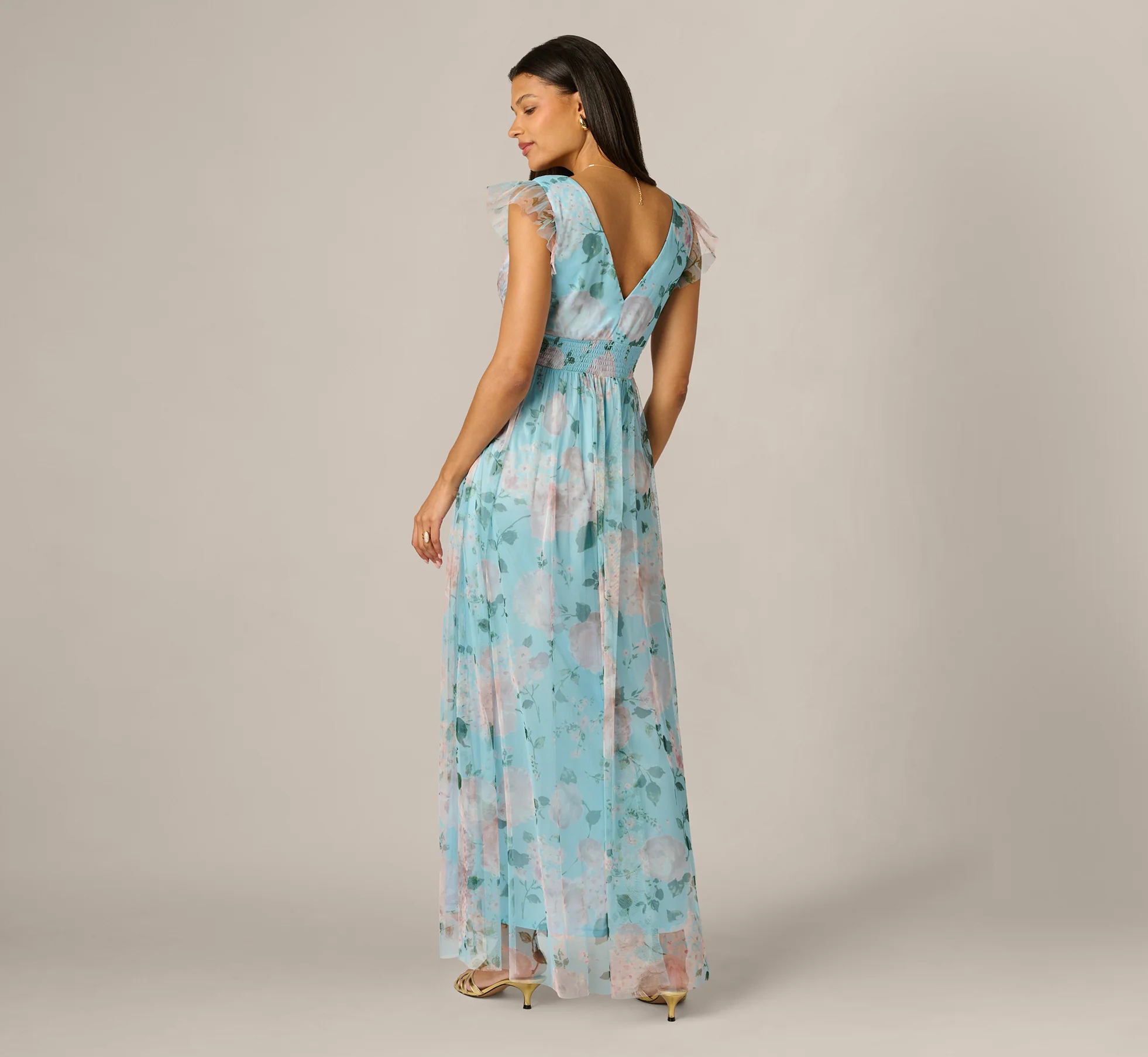 Flutter Sleeve Floral Tulle Maxi Dress In Blue Multi - Image 5