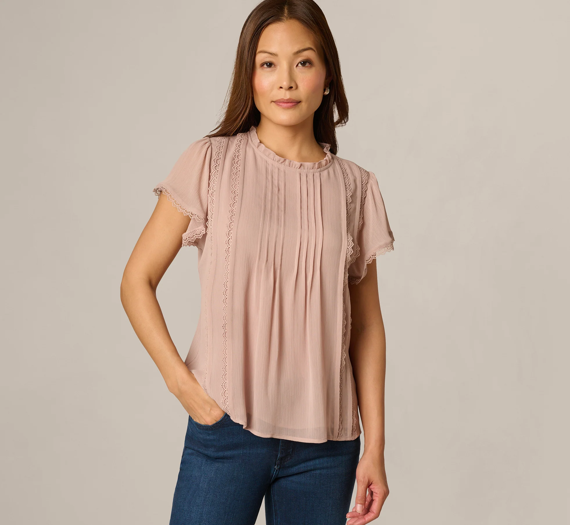 Flutter Sleeve Lace Pintuck Top In Simply Taupe