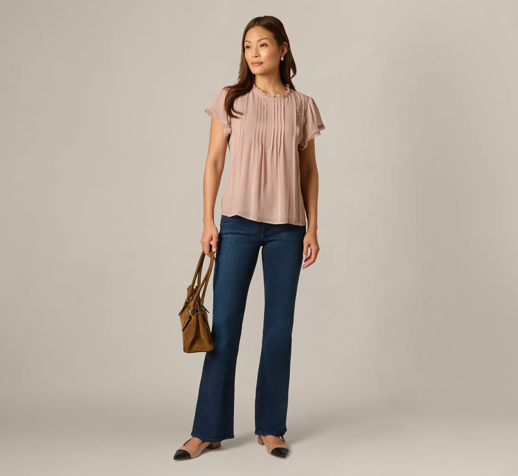 Flutter Sleeve Lace Pintuck Top In Simply Taupe - Image 2