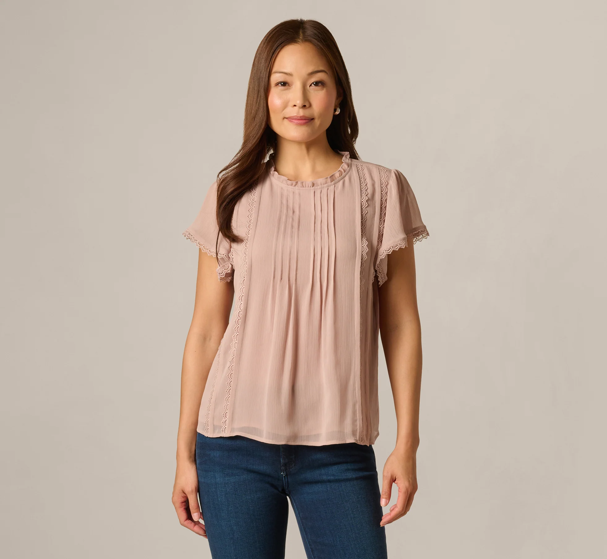 Flutter Sleeve Lace Pintuck Top In Simply Taupe - Image 3