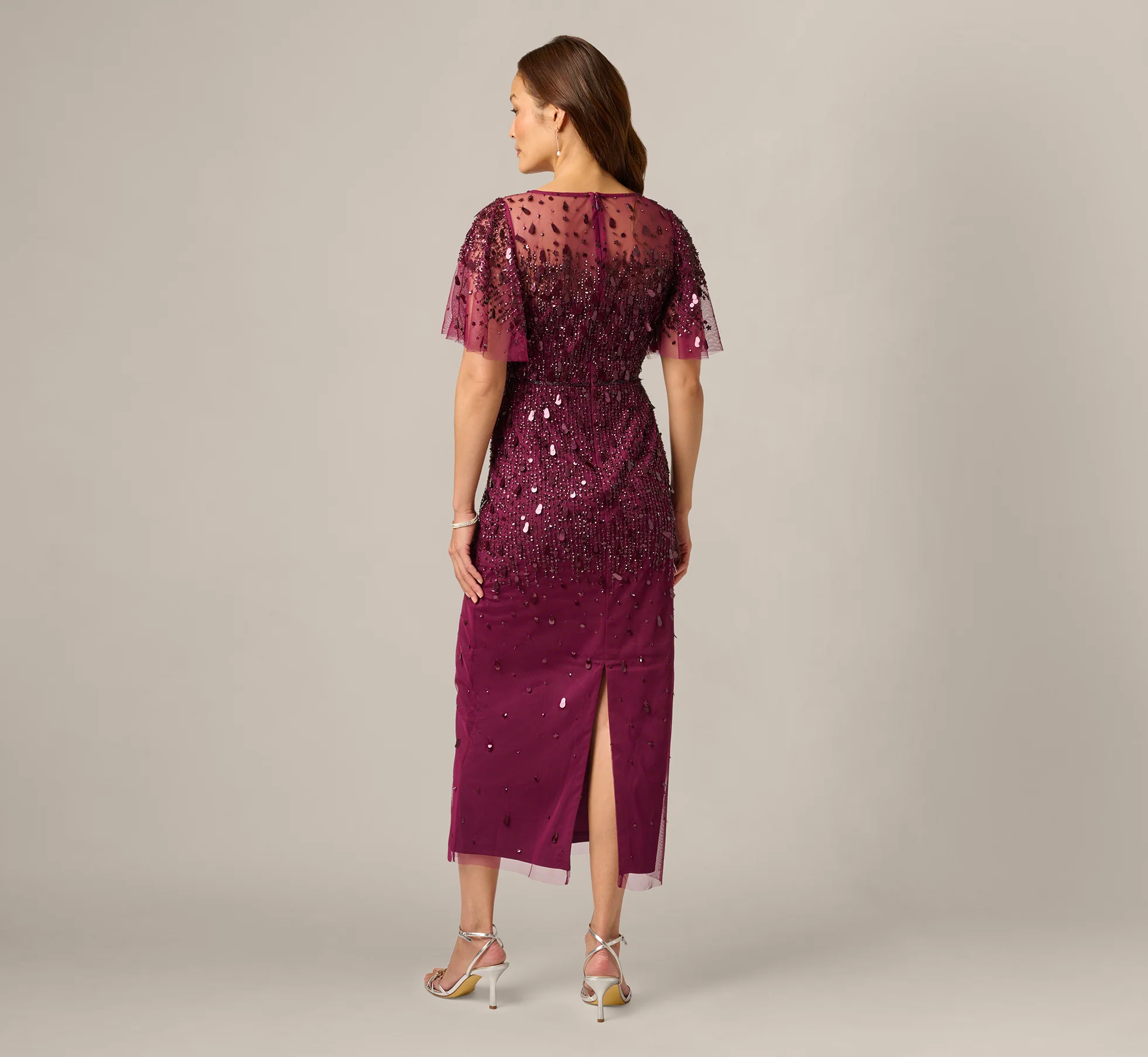 Flutter Sleeve Sequin Beaded Midi Dress In Bordeaux - Image 5