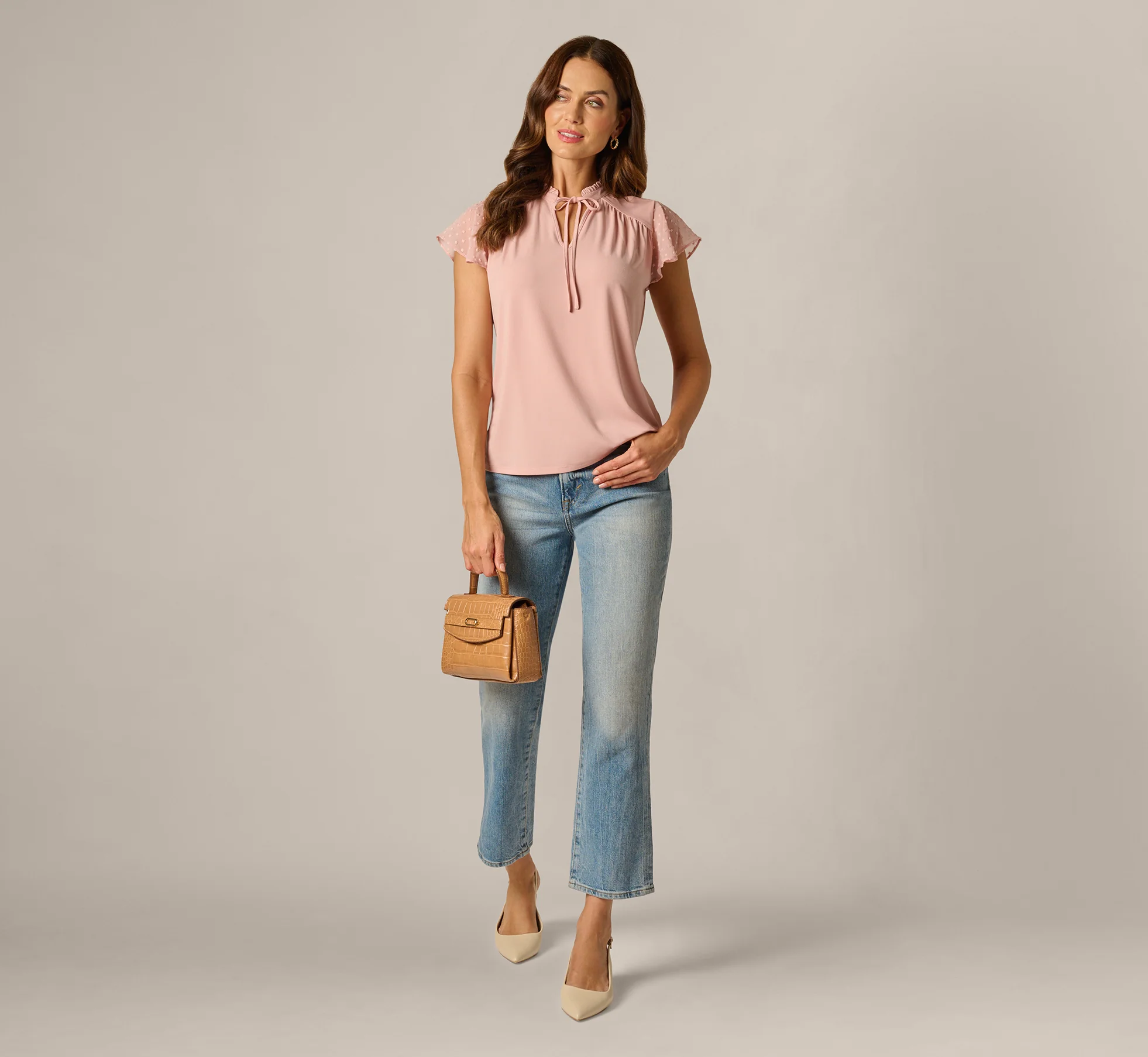 Flutter Sleeve Tie Collar Yoke Top In Rose Dust - Image 2