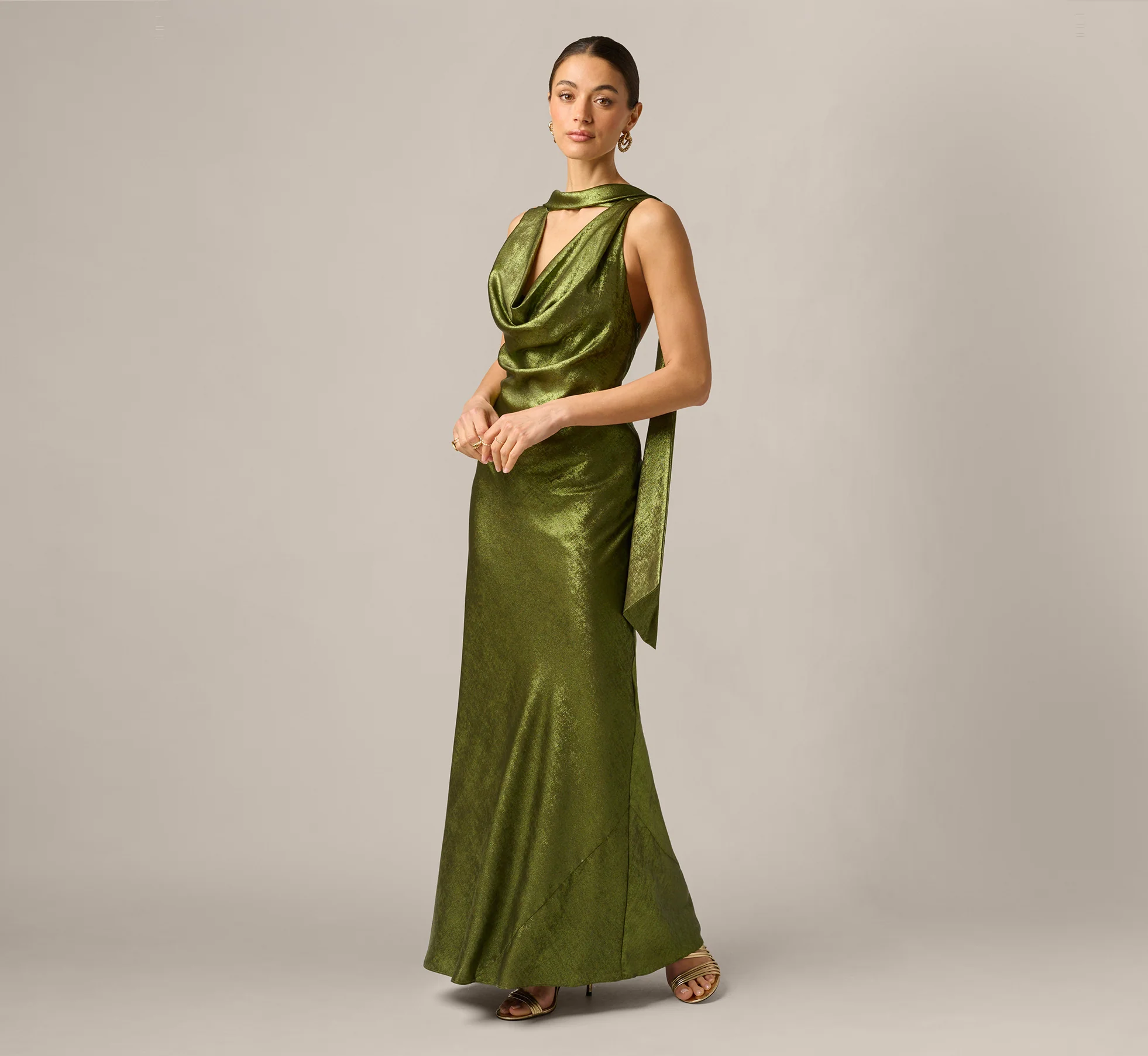 Foil Chiffon Cowled Scarf Halter Gown In Dark Olive
