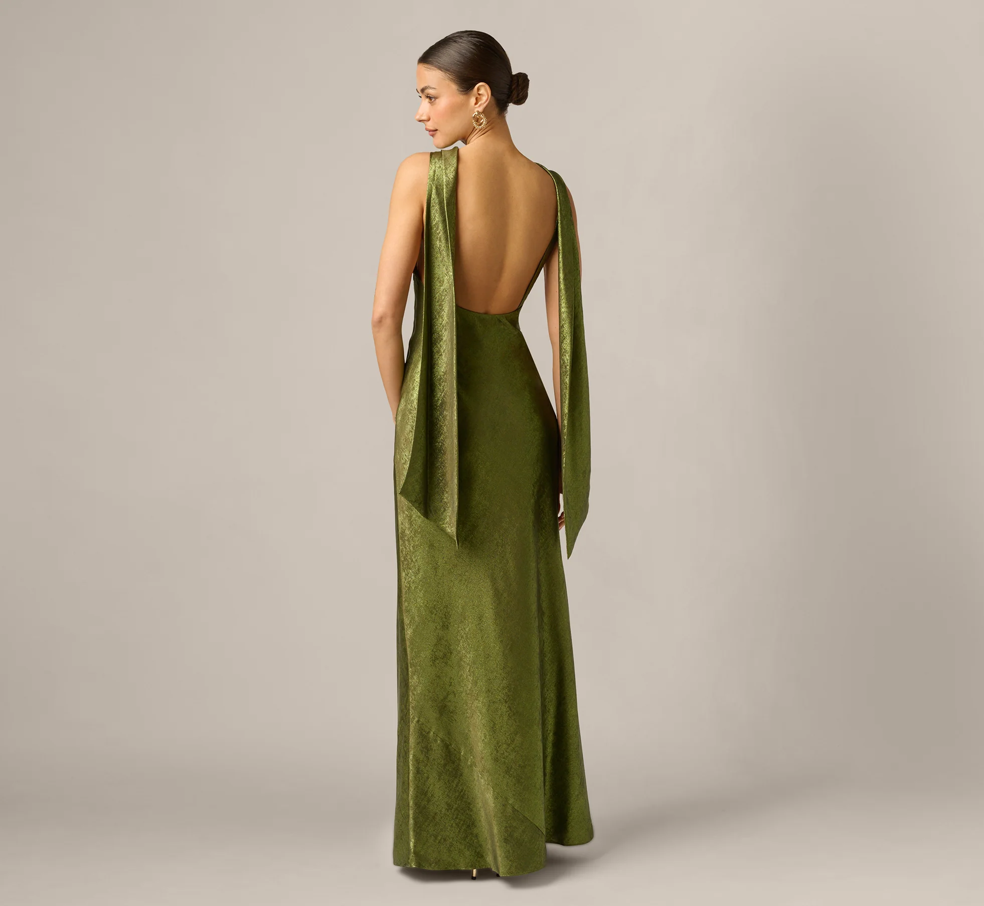 Foil Chiffon Cowled Scarf Halter Gown In Dark Olive - Image 5