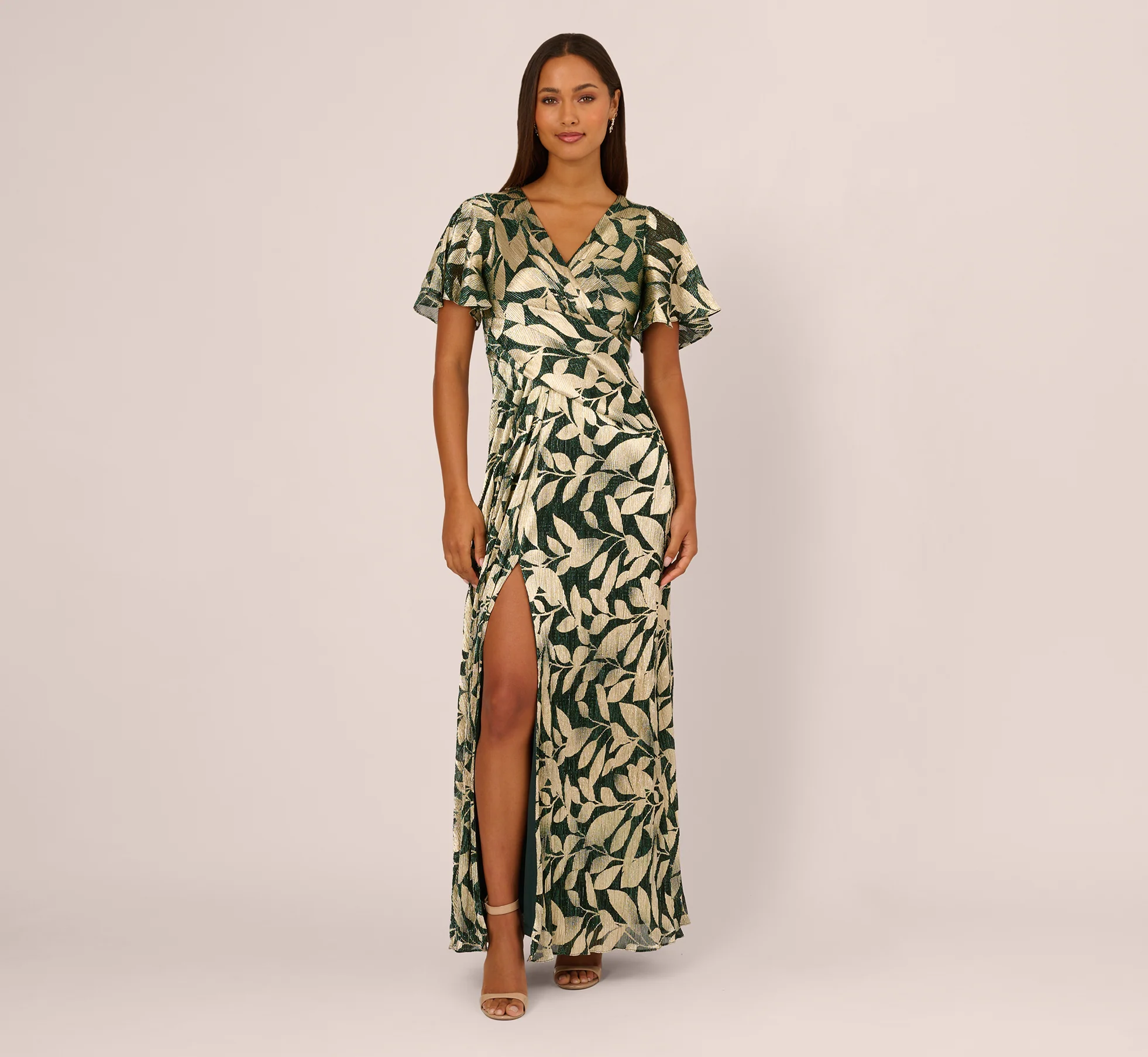 Foil Leaf Short Sleeve Gown With Draped Details In Green Pine Gold - Image 2