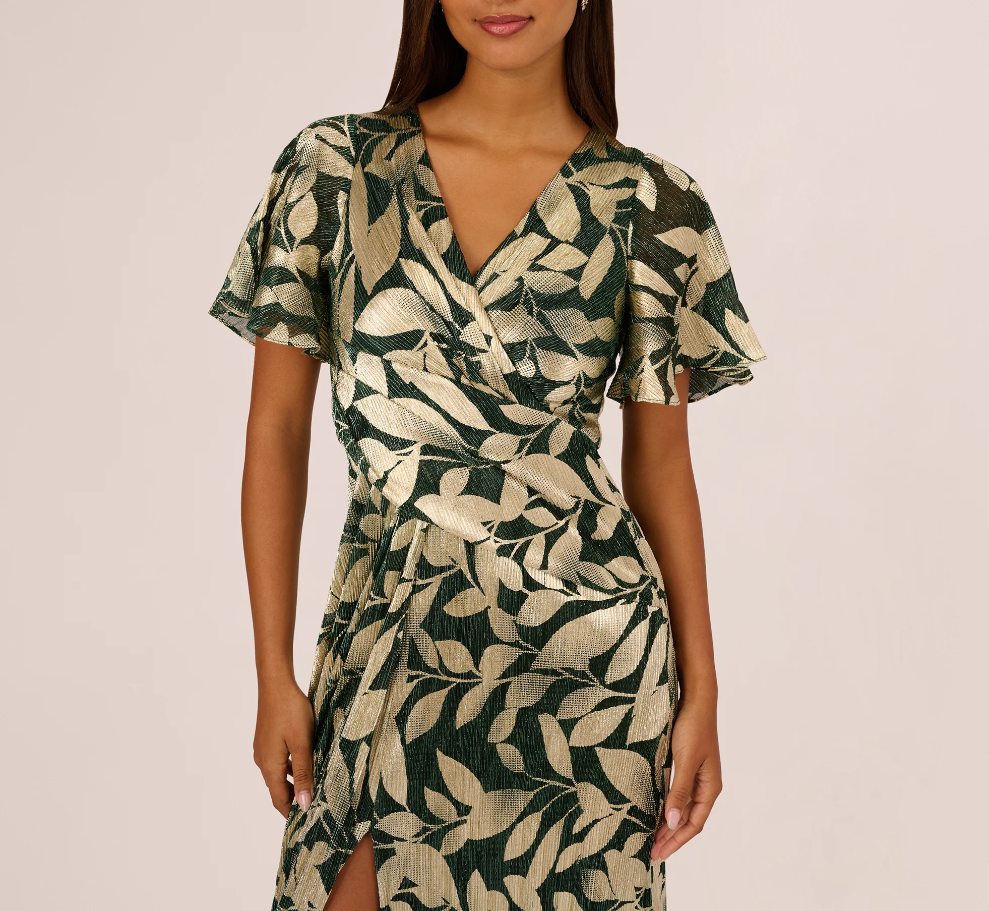 Foil Leaf Short Sleeve Gown With Draped Details In Green Pine Gold - Image 3