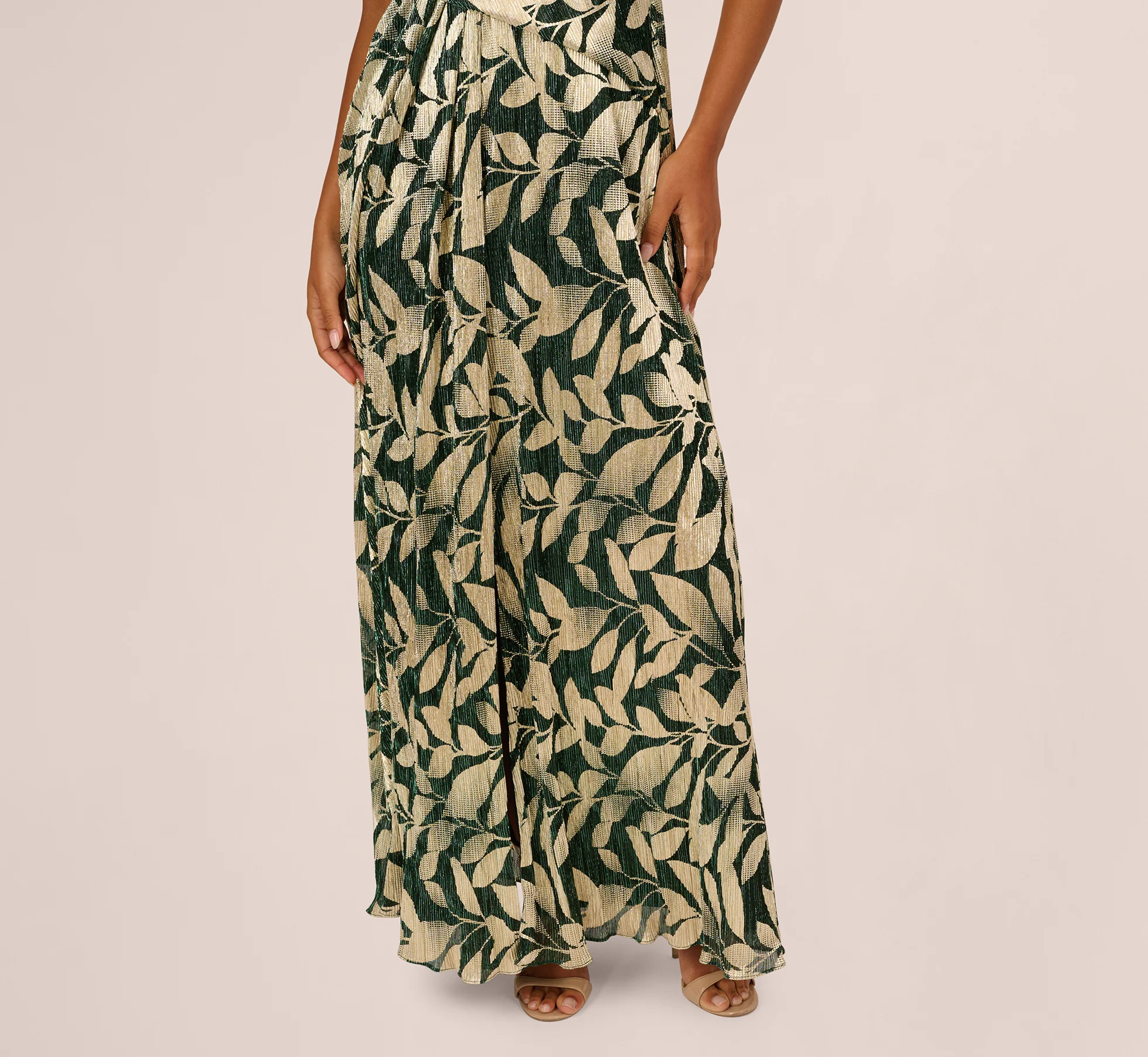 Foil Leaf Short Sleeve Gown With Draped Details In Green Pine Gold - Image 4