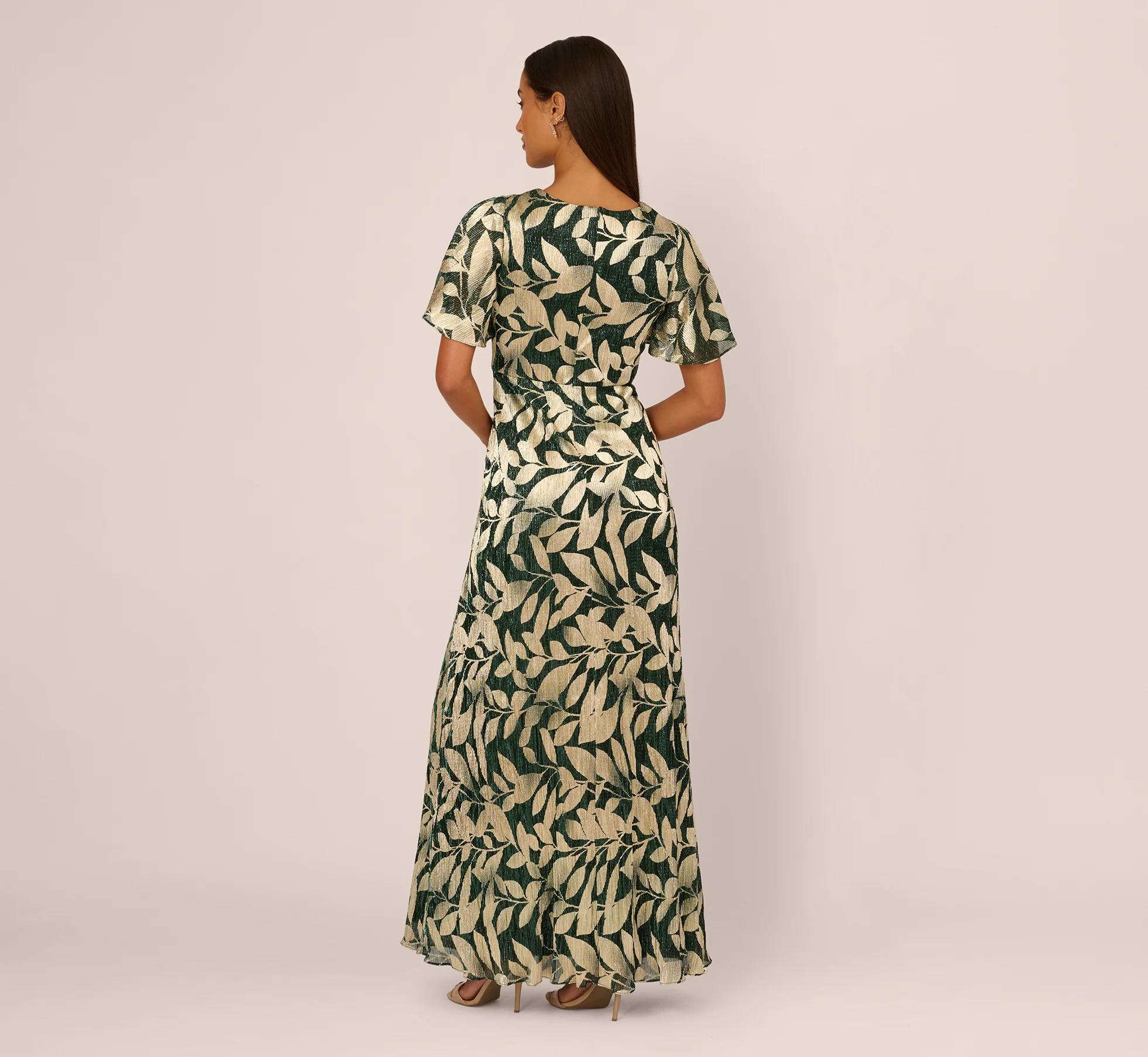 Foil Leaf Short Sleeve Gown With Draped Details In Green Pine Gold - Image 5