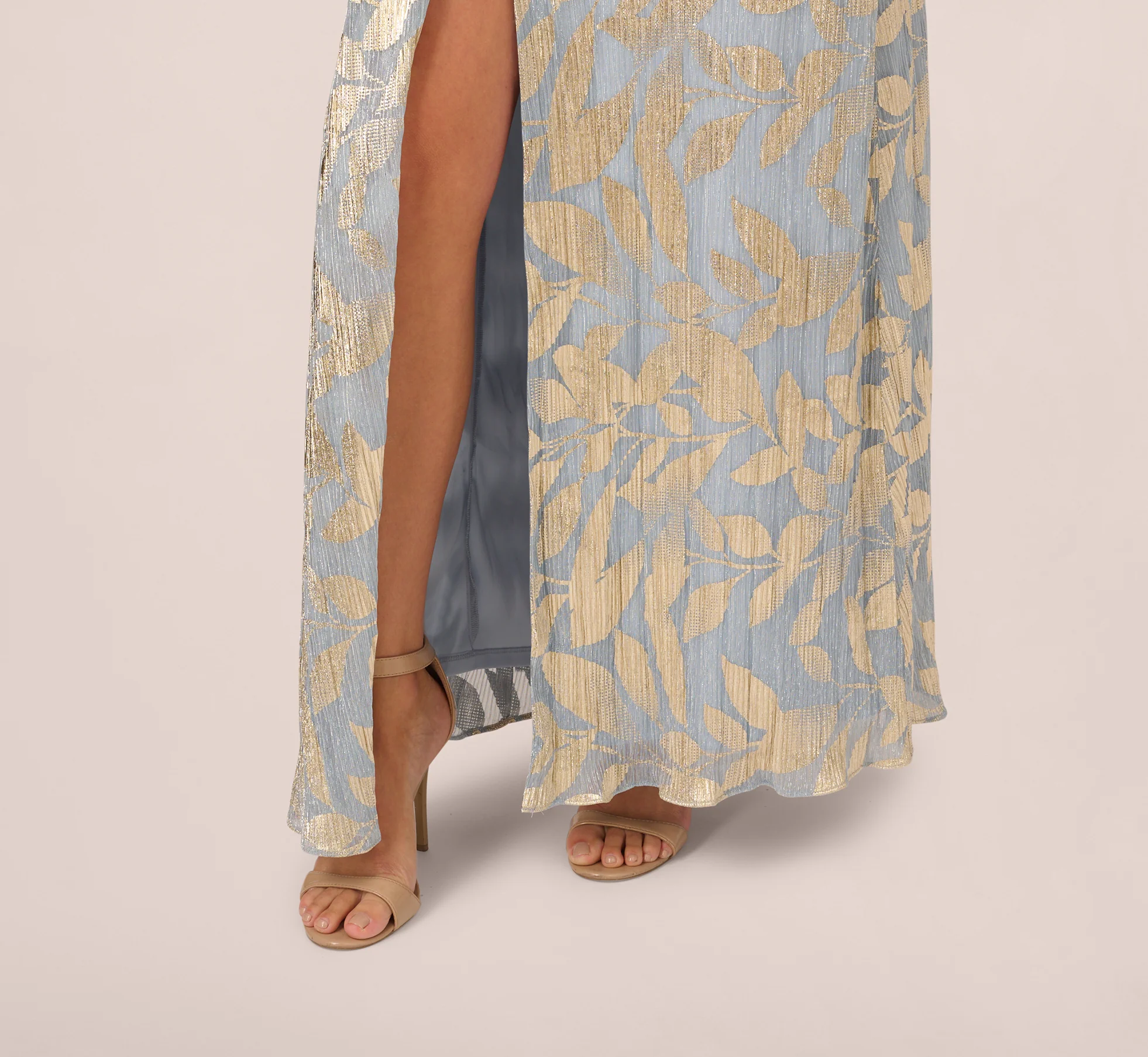Foil Leaf Short Sleeve Gown With Draped Details In Light Blue Gold - Image 4