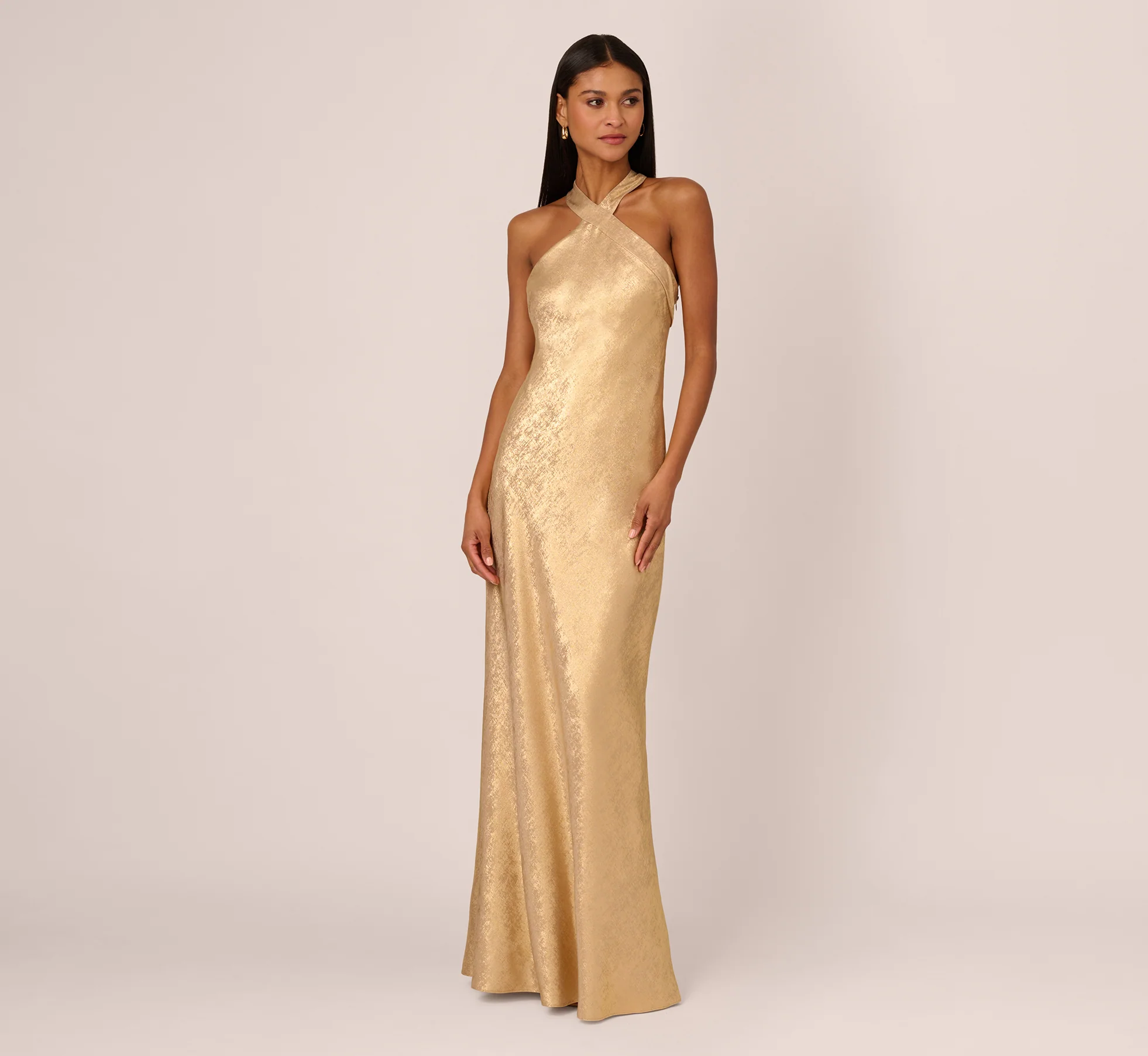Foiled Mermaid Gown With Halter Neckline In Light Gold - Image 3