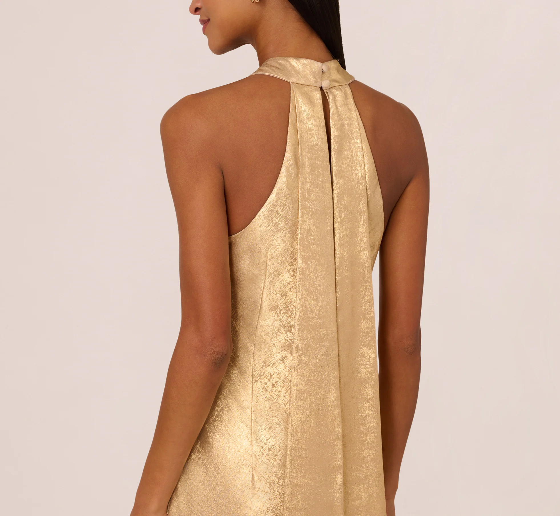 Foiled Mermaid Gown With Halter Neckline In Light Gold - Image 5