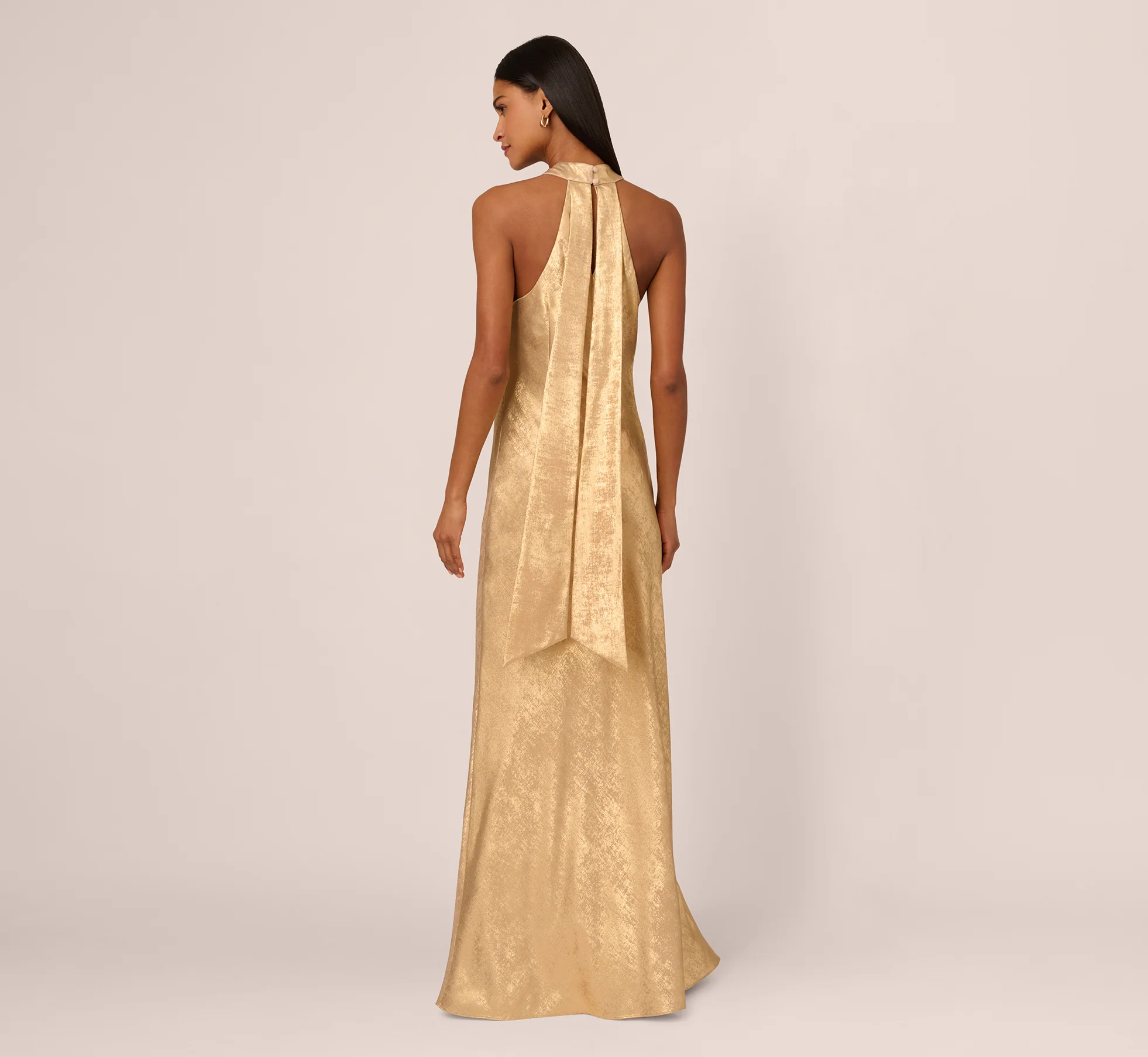 Foiled Mermaid Gown With Halter Neckline In Light Gold - Image 6