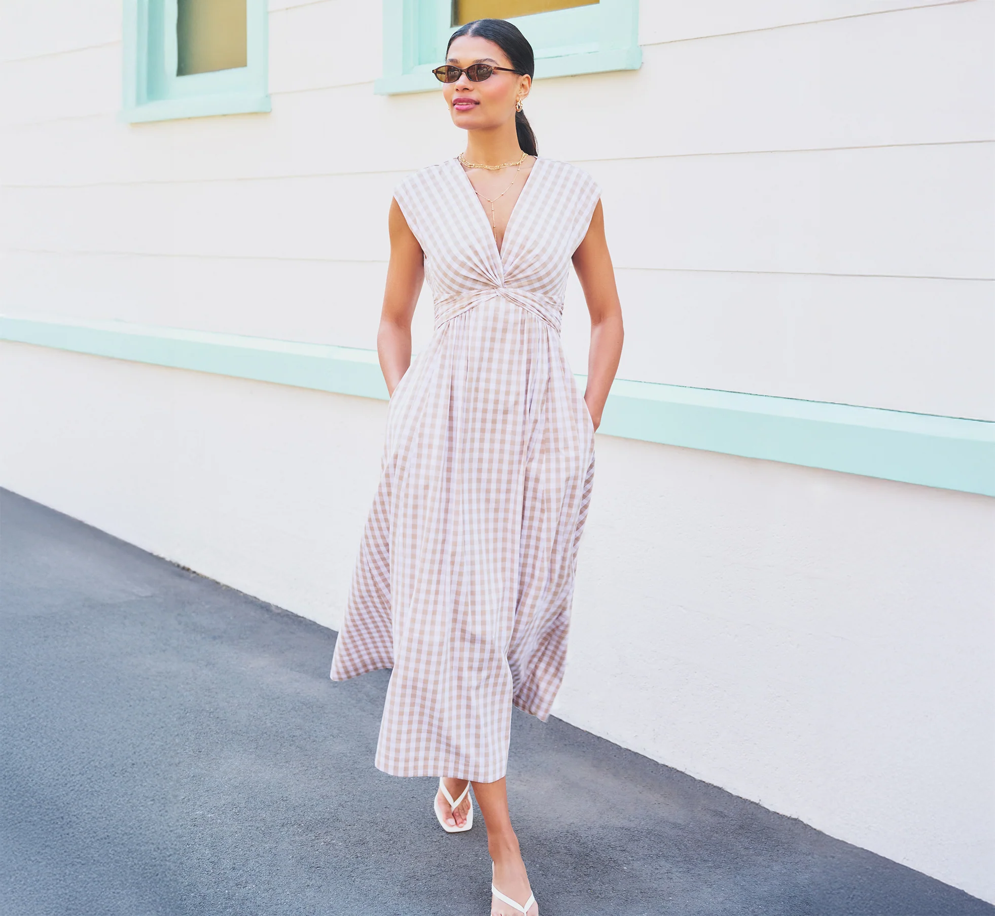 Gingham Cotton Everyday Midi Dress In Beige Ivory