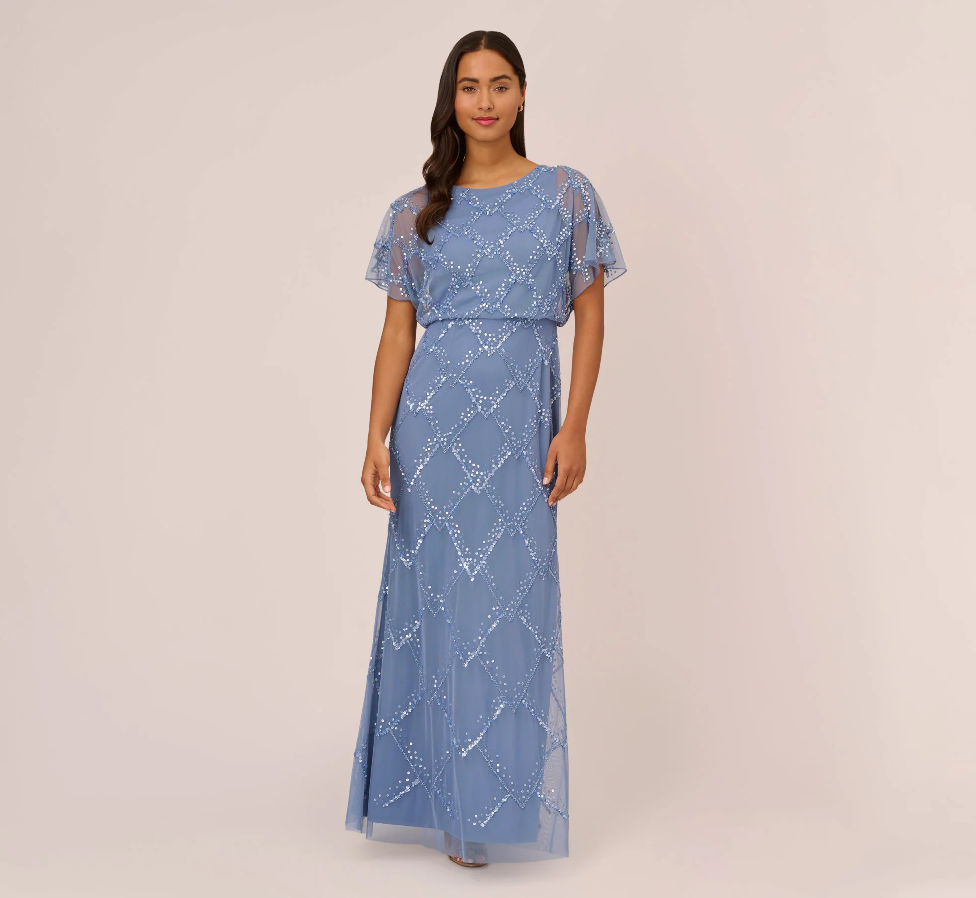 Hand-Beaded Blouson Long Gown With Flutter Sleeves In French Blue - Image 2