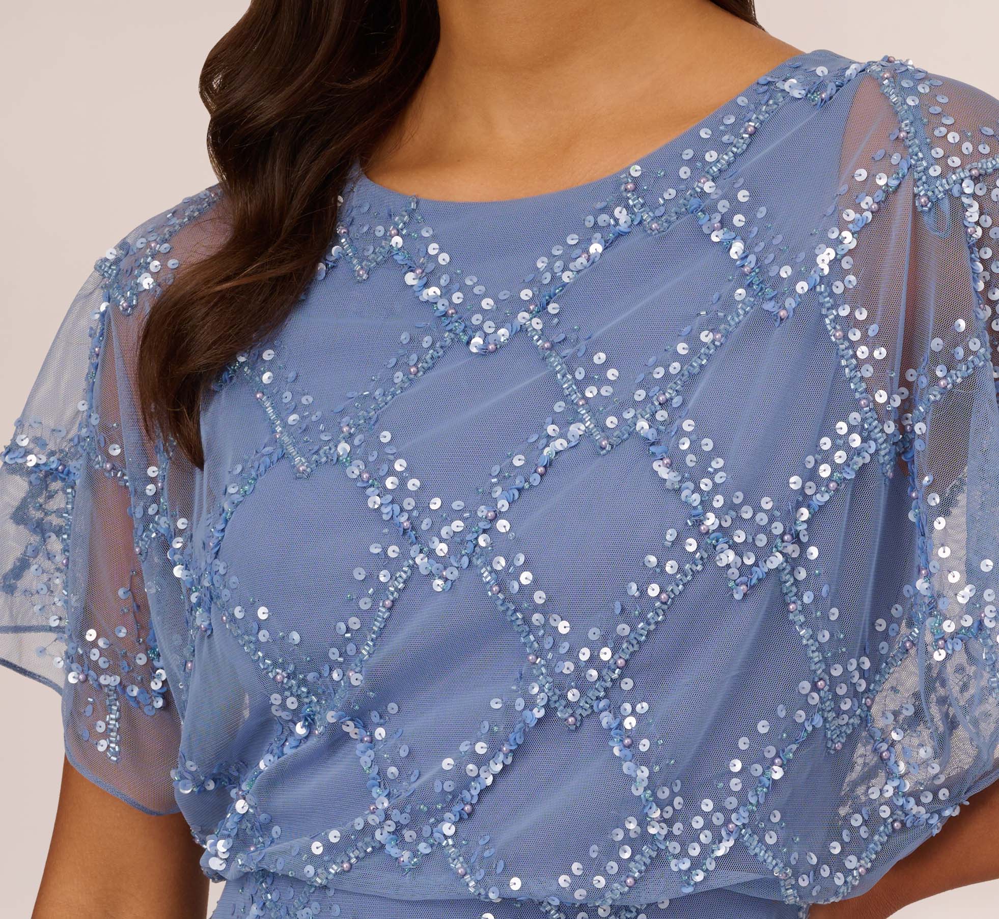 Hand-Beaded Blouson Long Gown With Flutter Sleeves In French Blue - Image 3
