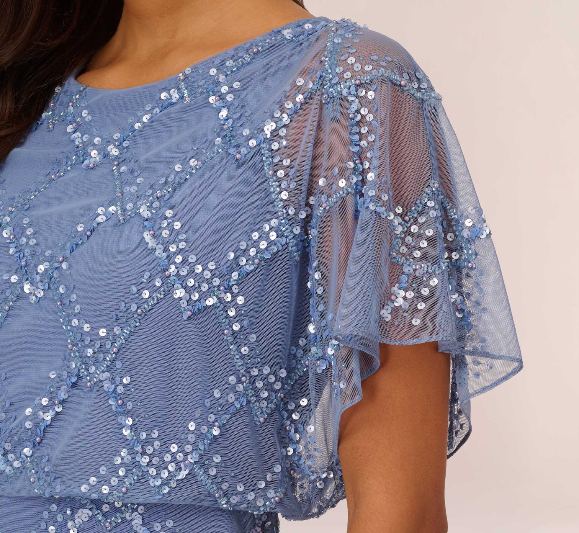 Hand-Beaded Blouson Long Gown With Flutter Sleeves In French Blue - Image 4