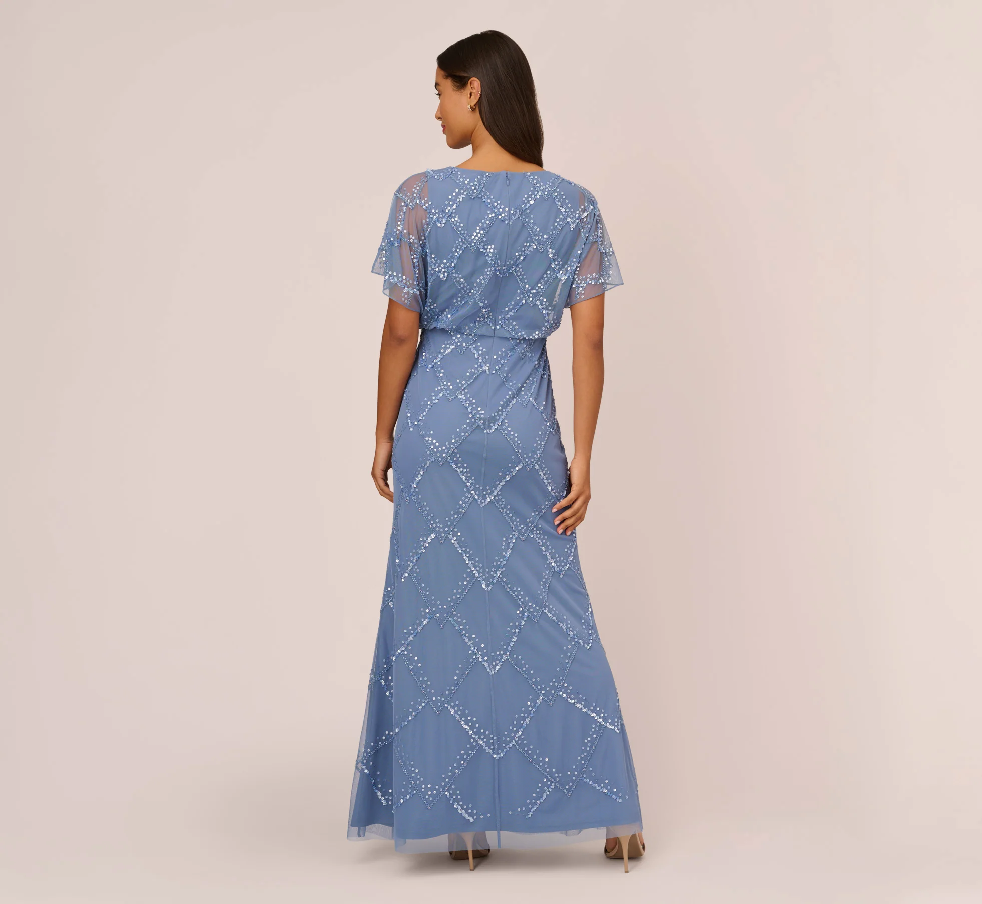 Hand-Beaded Blouson Long Gown With Flutter Sleeves In French Blue - Image 5