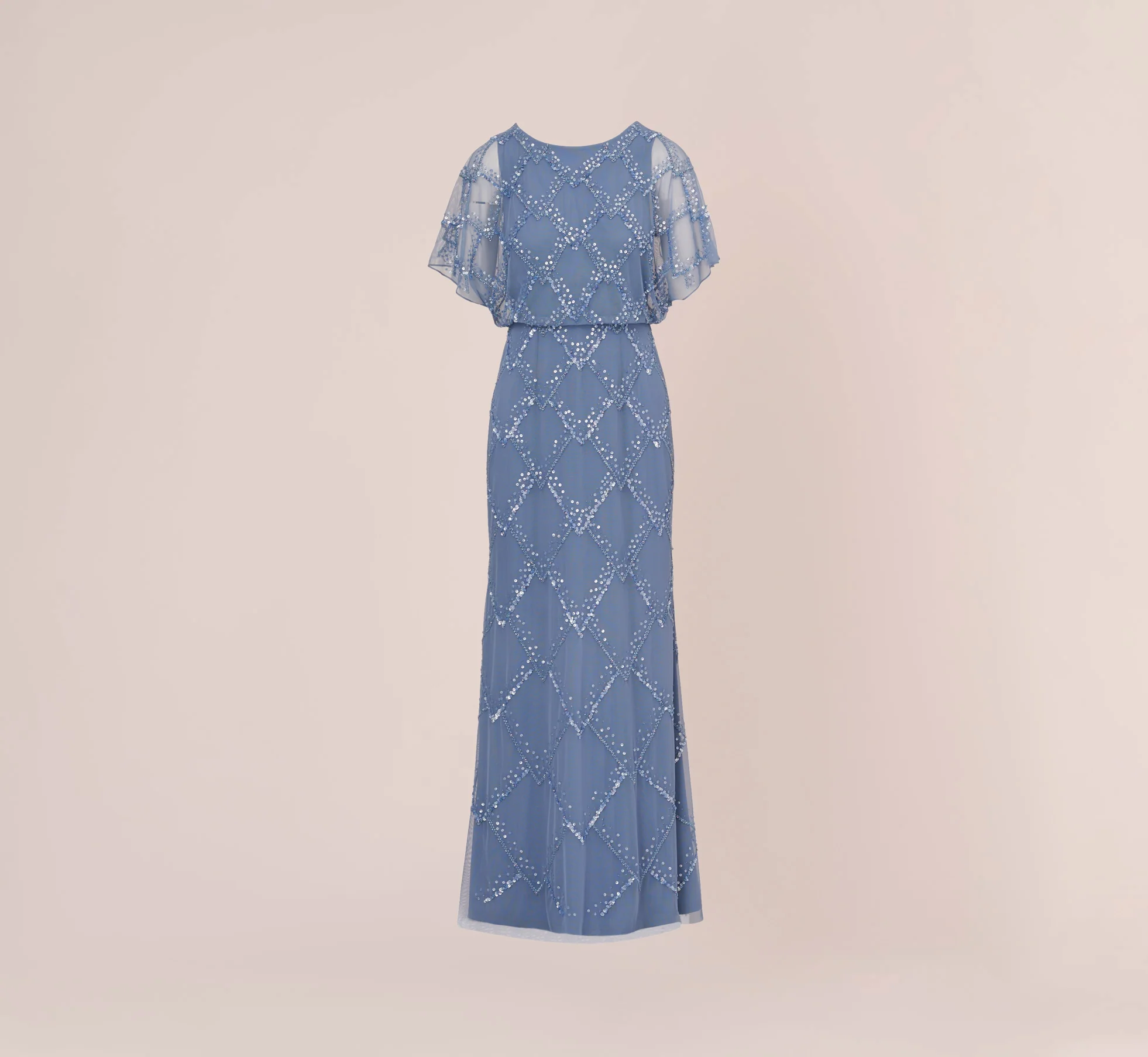 Hand-Beaded Blouson Long Gown With Flutter Sleeves In French Blue - Image 7