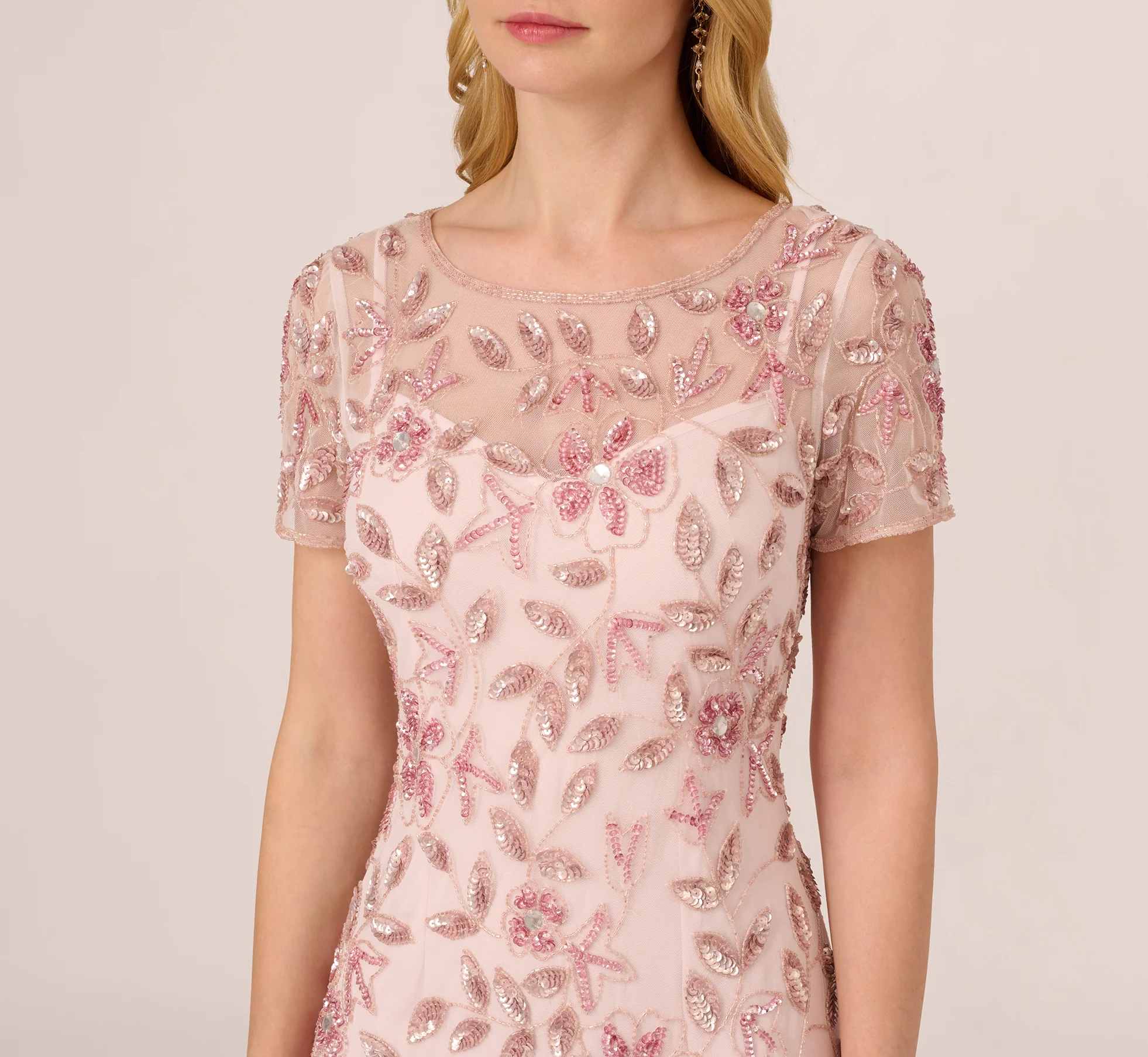 Hand Beaded Short Sleeve Floral Godet Gown In Blush Pink - Image 4