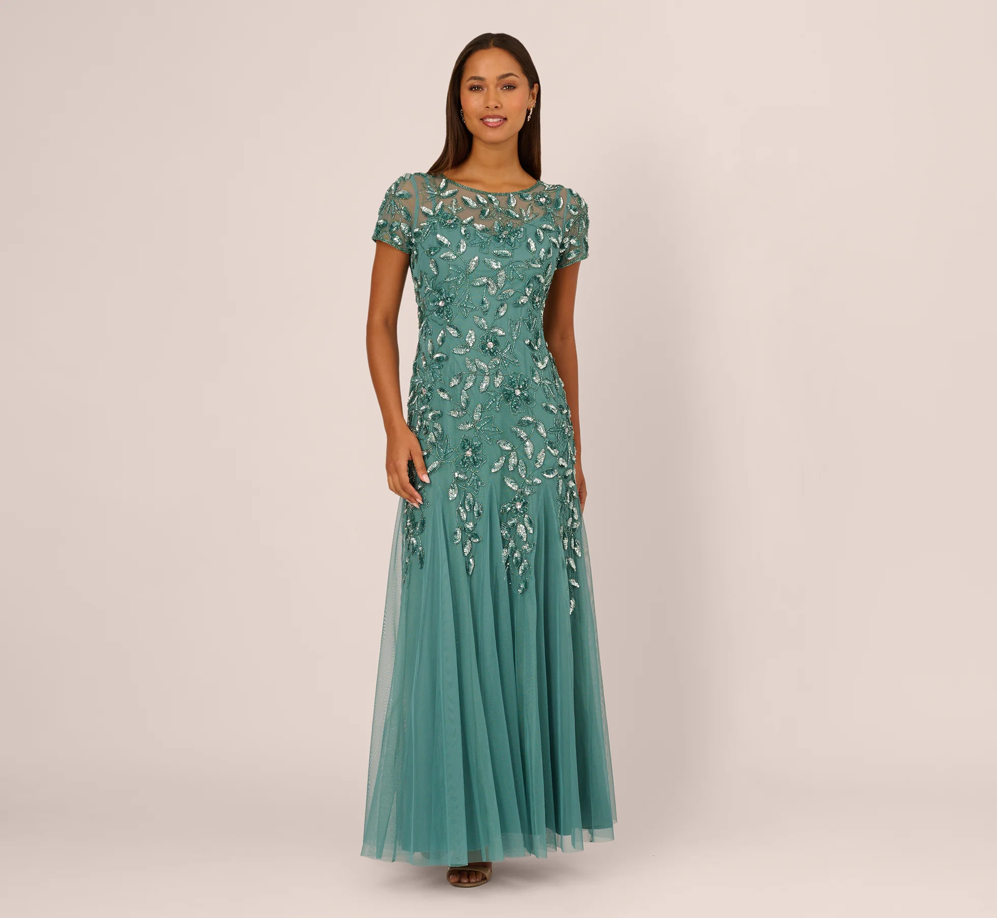 Hand Beaded Short Sleeve Floral Godet Gown In Jade - Image 2