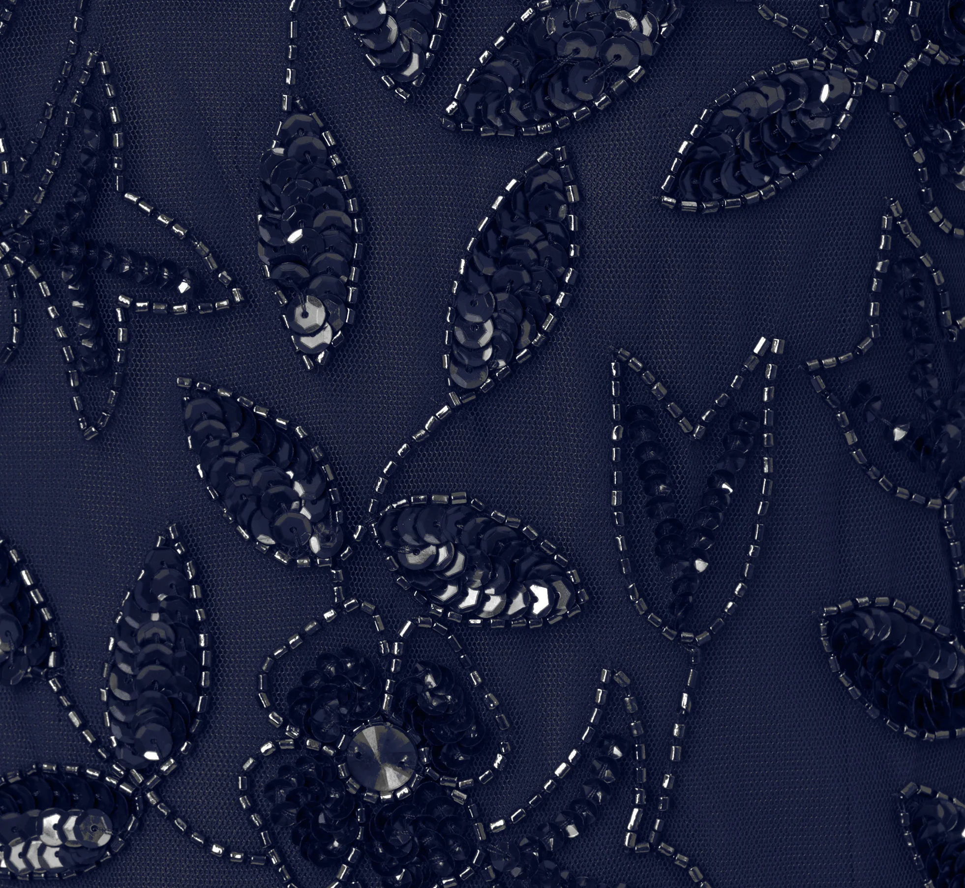 Hand Beaded Short Sleeve Floral Godet Gown In Light Navy - Image 6