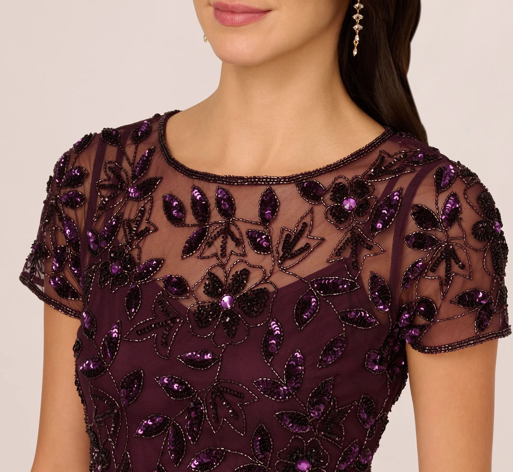Hand Beaded Short Sleeve Floral Godet Gown In Night Plum - Image 4