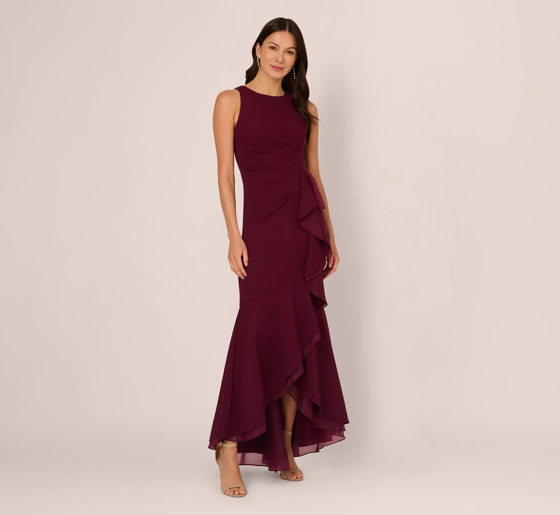 High Low Crepe Halter Gown With Organza Draping In Cabernet - Image 2