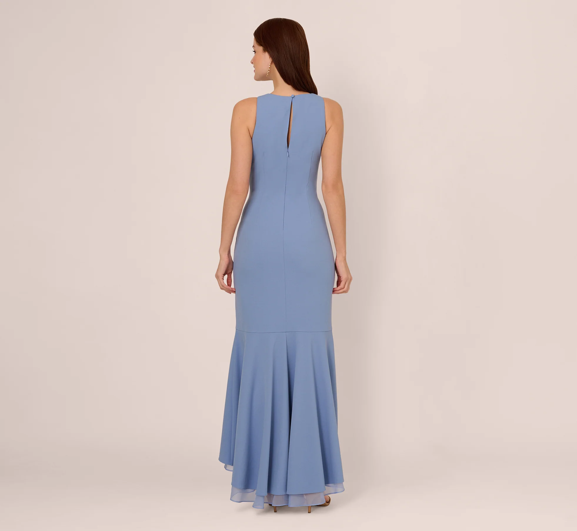 High Low Crepe Halter Gown With Organza Draping In French Blue - Image 5