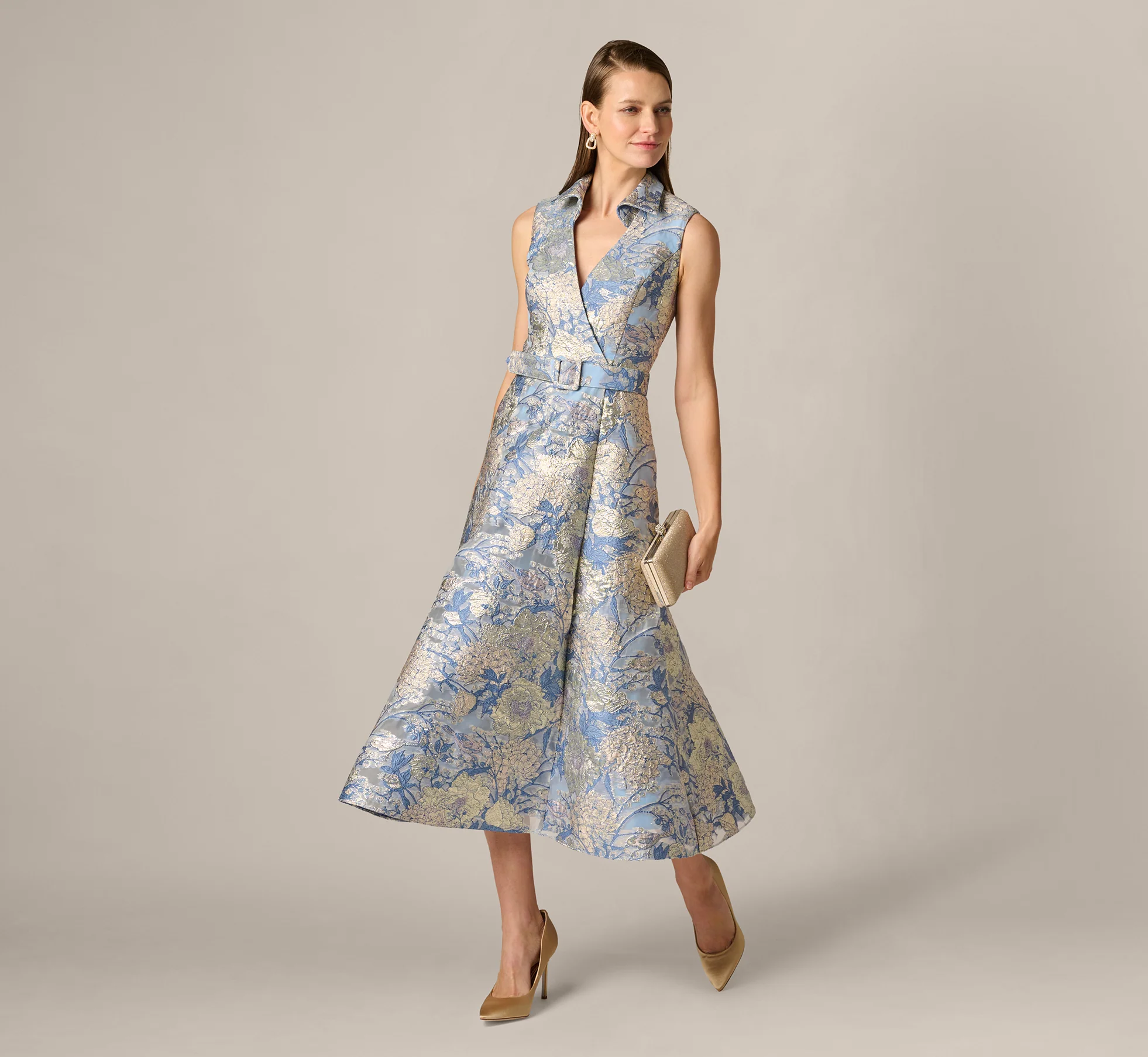 Hydrangea Floral Jacquard Collared Midi Dress In Blue Multi - Image 2